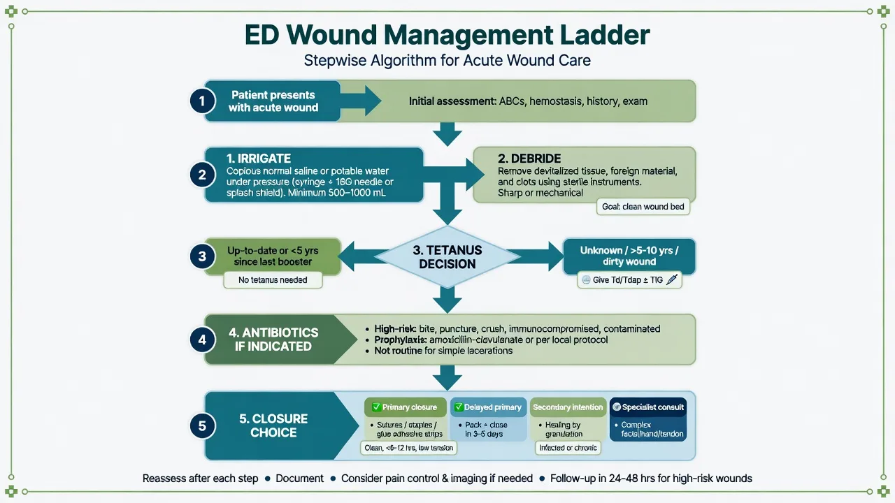 Educational wound classification panel: clean versus dirty, tetanus-prone features and primary versus delayed versus secondary closure