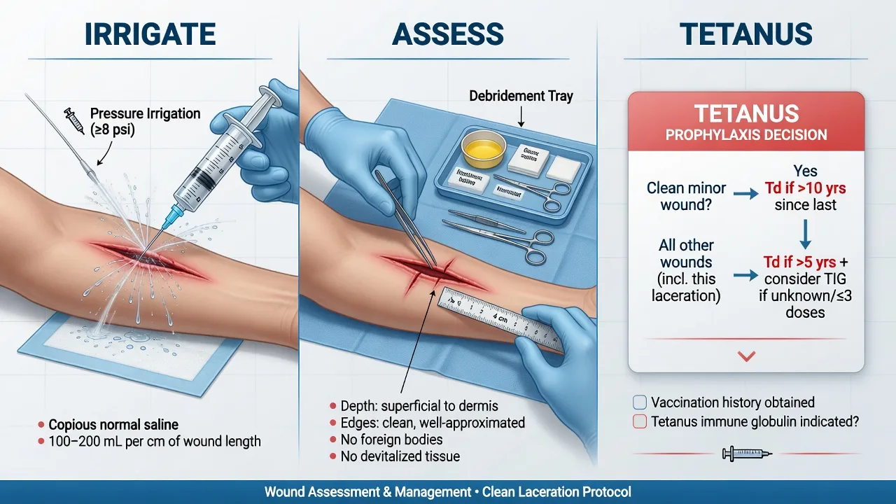 A wound being assessed with the MEAT framework beside a tetanus-prophylaxis chart and a debridement tray