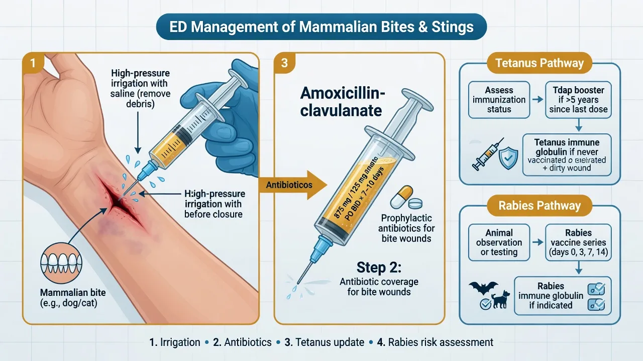 Educational wound management ladder: irrigate, debride, tetanus decision, antibiotics when indicated, then closure choice