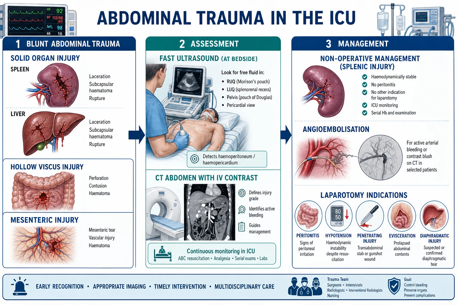 Three-panel infographic on a white clinical-blue background: LEFT blunt (solid organ spleen/liver; hollow viscus; mesenteric); CENTRE FAST + CT (FAST 4 views bedside rapid; CT IV contrast stable grading); RIGHT management (laparotomy indications peritonitis/hypotension/penetrating/evisceration; NOM stable solid organ; angioembolisation blush; damage-control laparotomy extremis). Banner 'FAST = bedside triage; CT = stable; laparotomy = peritonitis or hypotension'. Flat vector illustration, crisp typography.