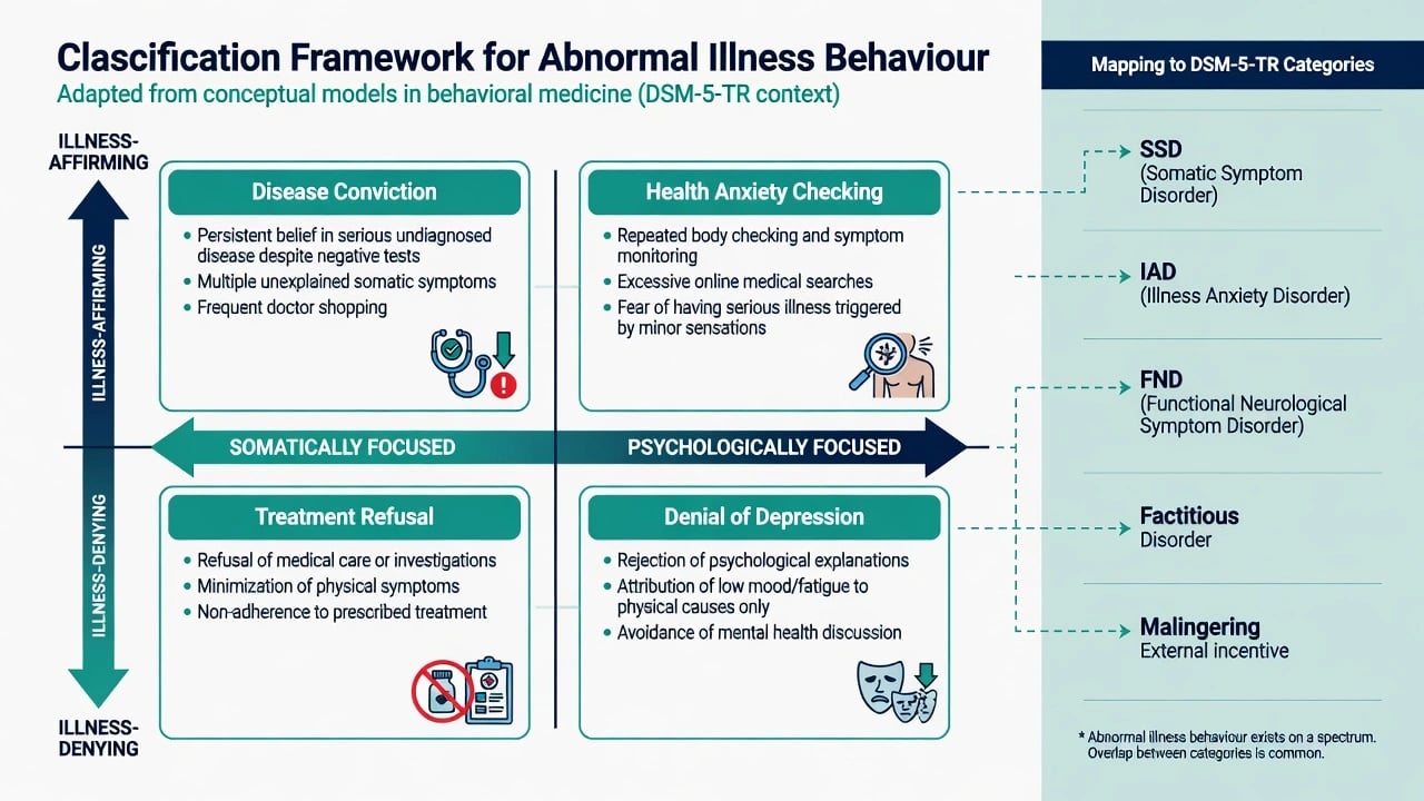 Two-axis classification of abnormal illness behaviour: illness-affirming versus illness-denying, and somatic versus psychological focus, mapped to modern DSM constructs