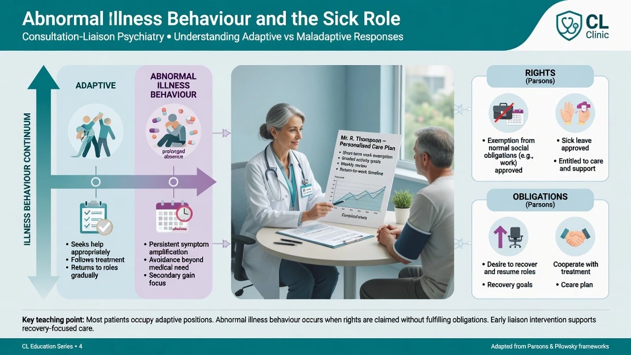 Consultation-liaison clinician and patient reviewing a shared care plan that balances sick-role support with recovery goals