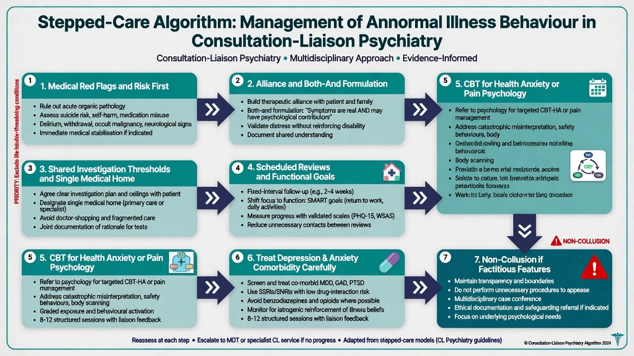 Stepped care algorithm from red-flag safety through alliance and shared investigation limits to CBT, comorbidity treatment, and non-collusion pathways