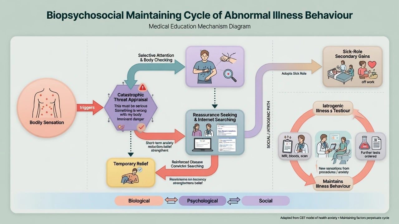 Cycle of catastrophic appraisal, checking, reassurance, temporary relief, and reinforced disease conviction with parallel iatrogenic testing and sick-role reinforcement loops