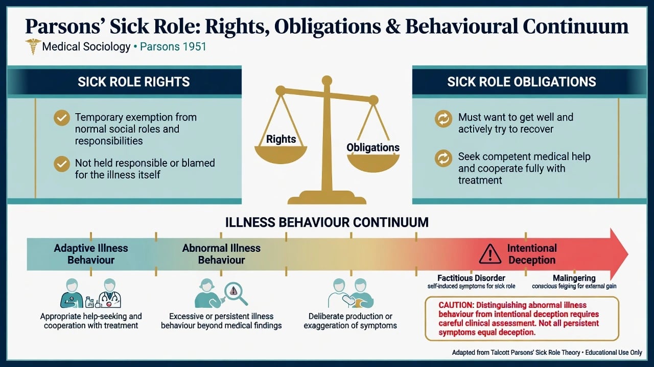 Diagram of Parsons sick role rights and obligations balanced against a continuum from adaptive illness behaviour to abnormal illness behaviour and intentional deception