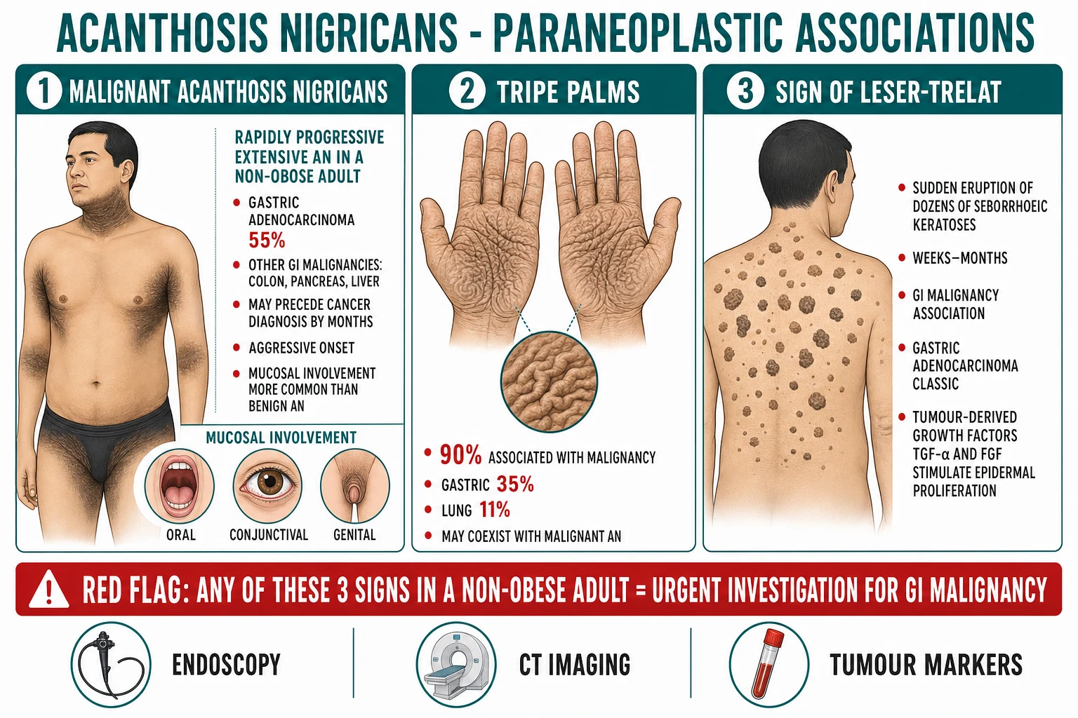Three paraneoplastic signs of acanthosis nigricans: malignant AN (rapidly progressive, gastric cancer in ~55%), tripe palms (velvety palmar thickening, ~90% malignant), and sign of Leser-Trélat (sudden eruption of seborrhoeic keratoses). All mandate urgent GI endoscopy