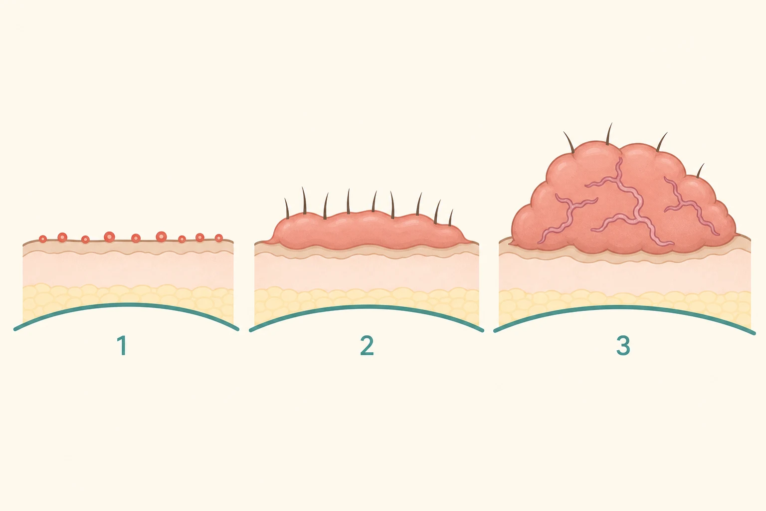 Three side-by-side panels of the nape of the neck showing progressive stages of acne keloidalis nuchae from early papular through plaque to tumoural keloidal