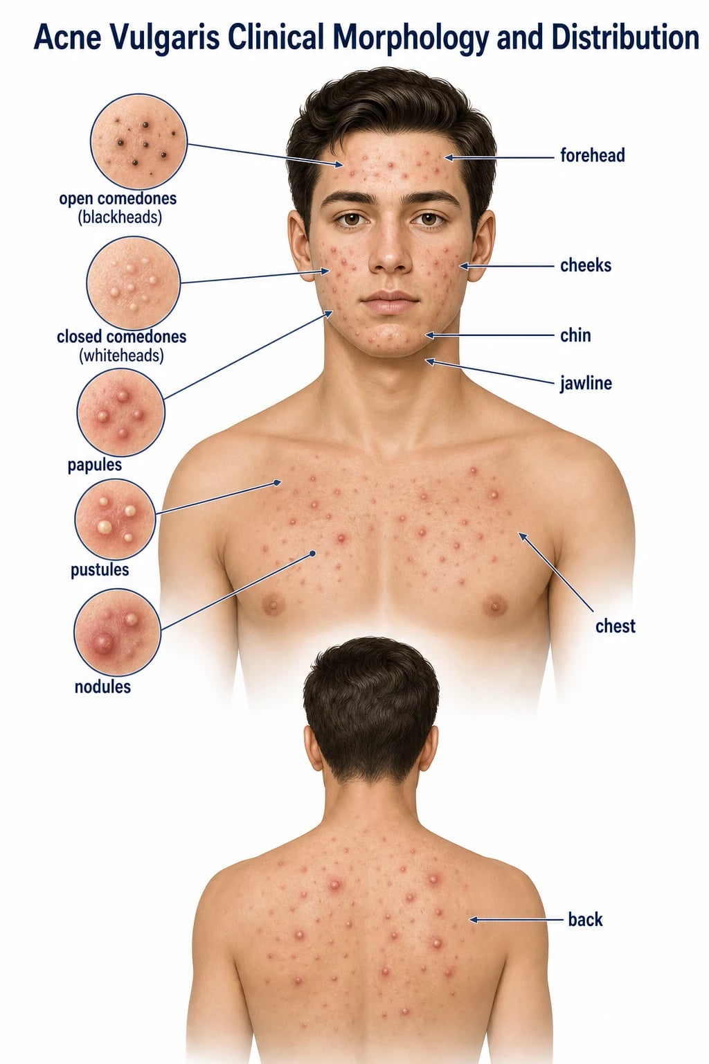 Diagram showing acne vulgaris lesion morphology and distribution on face, chest and back