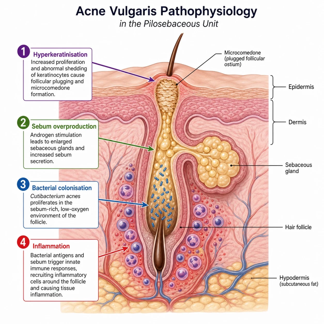 Diagram of pilosebaceous unit showing follicular hyperkeratinisation, sebum production, Cutibacterium acnes colonisation and inflammation