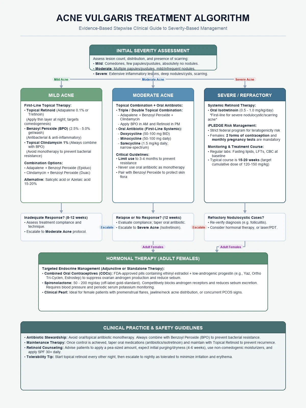 Flowchart showing acne treatment algorithm from severity assessment through topical, oral and procedural options