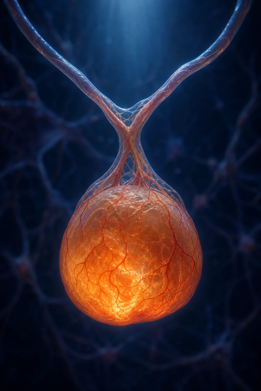 Cinematic 3D anatomical illustration of an enlarged pituitary macroadenoma compressing the optic chiasm, against a deep navy background