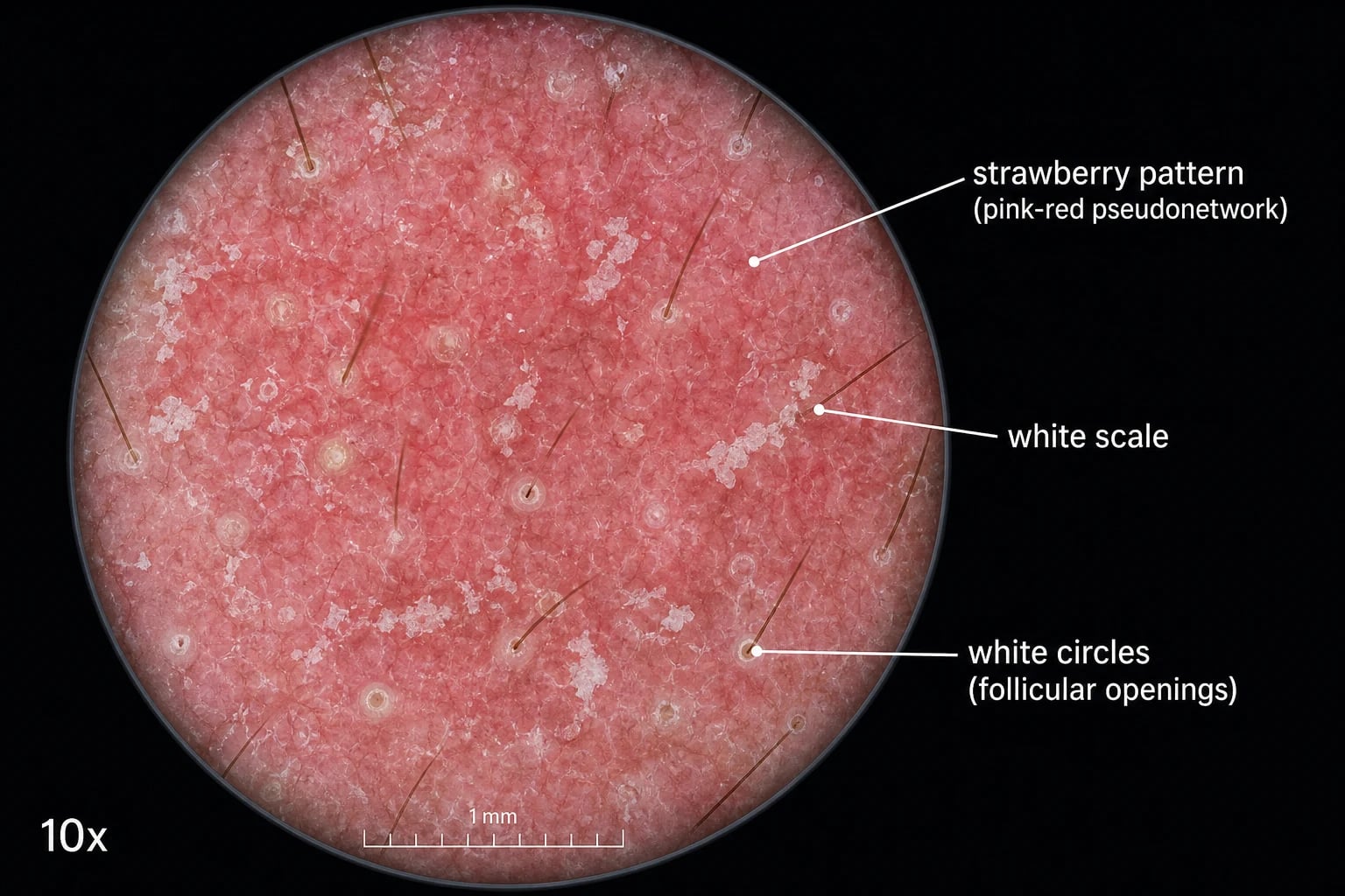 Dermoscopic image showing the strawberry pattern in facial actinic keratosis: pink-red erythematous pseudonetwork with white scale and white circles around follicular openings