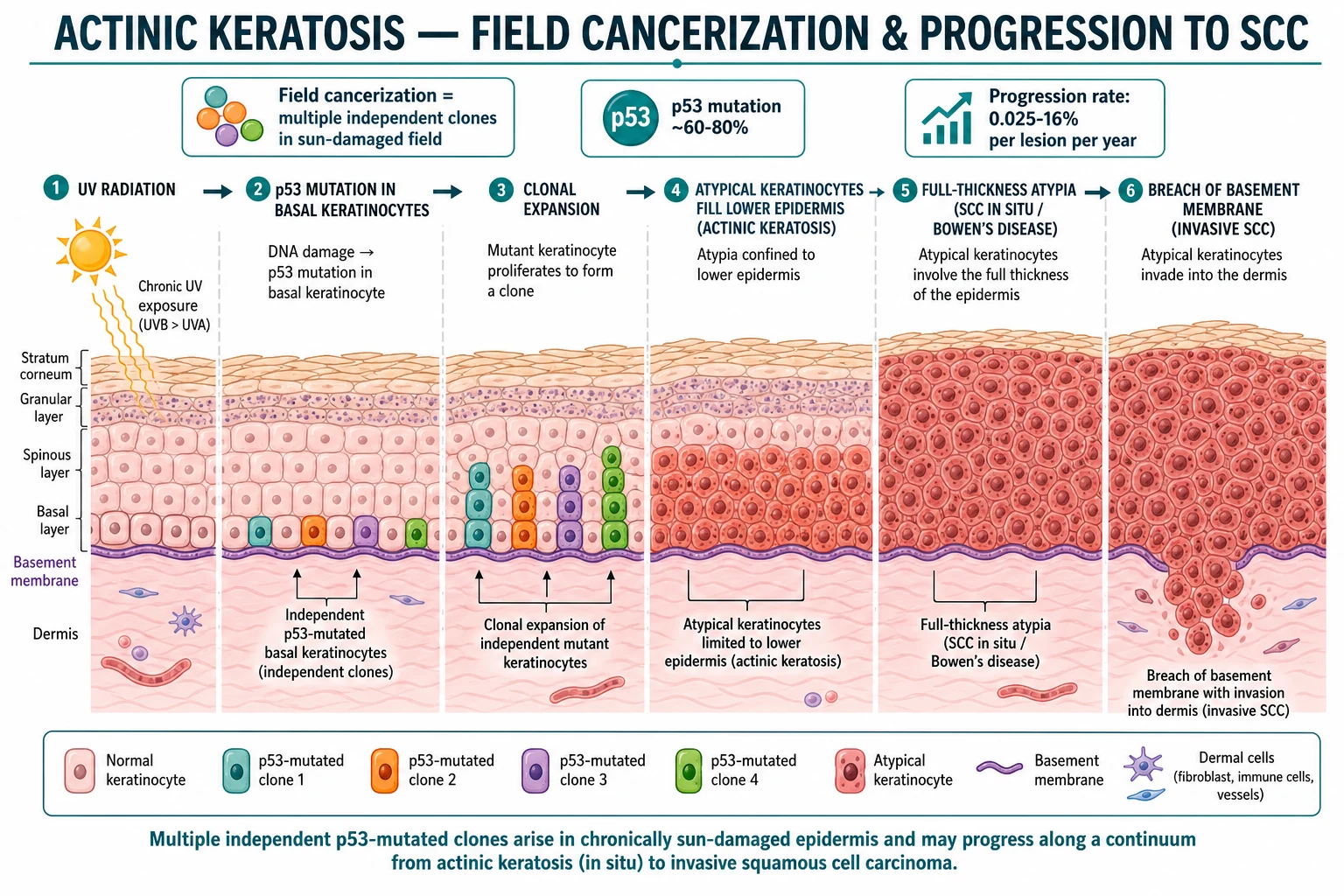 Diagram showing UV-induced p53 mutation in basal keratinocytes, clonal expansion within a field of sun-damaged skin, progression from actinic keratosis to SCC in situ and invasive SCC