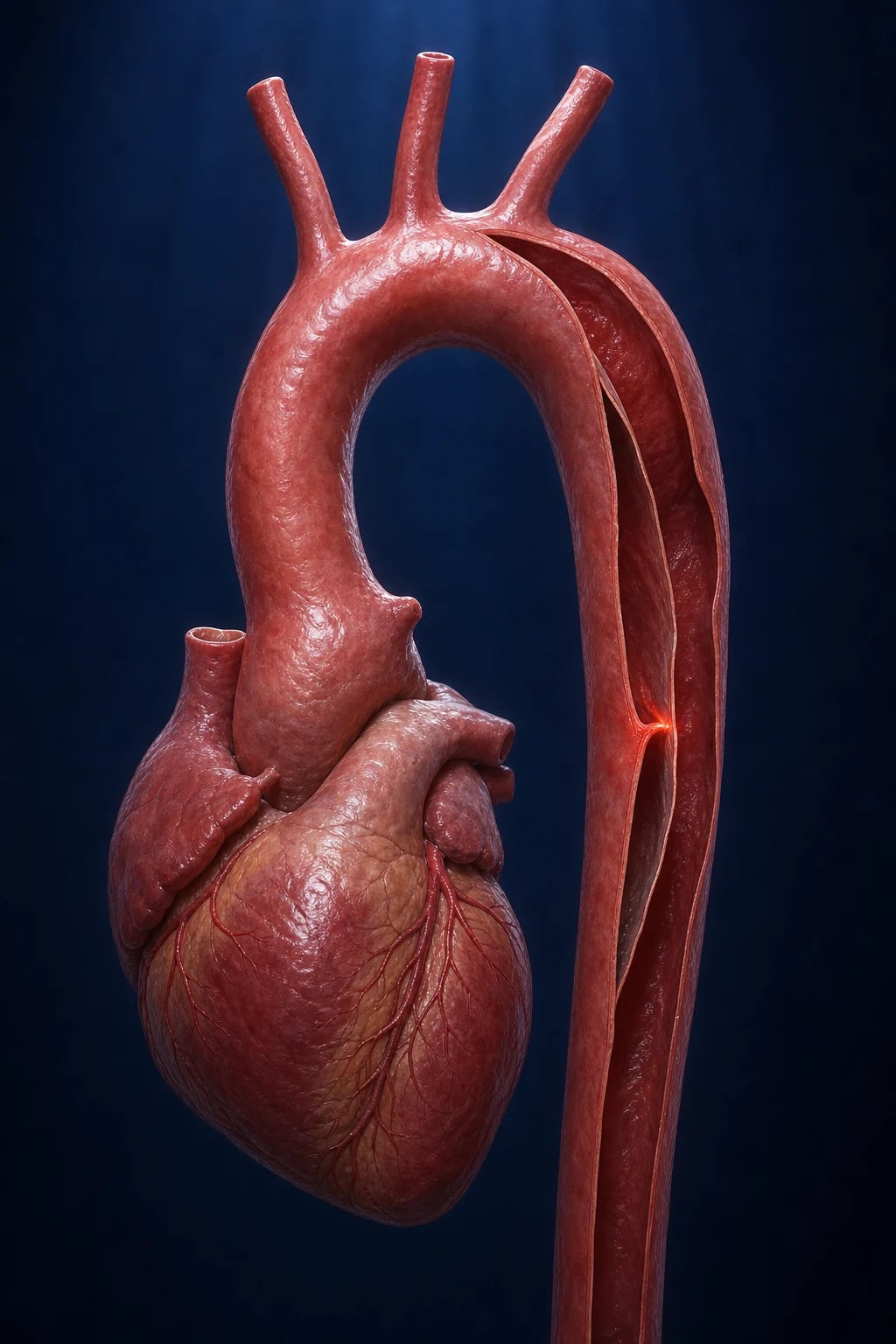 Acute Aortic Syndrome hero illustration showing a cross-section of the aortic wall with intimal tear and propagation of the false lumen in the ascending aorta (Stanford A)