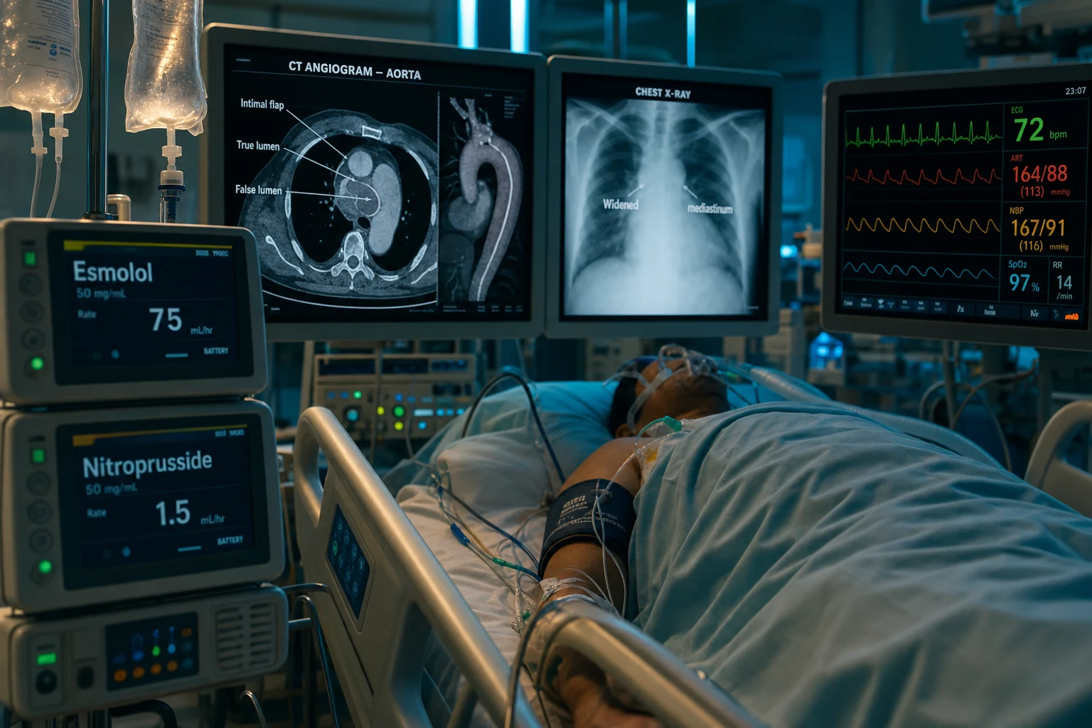 Cinematic ICU scene of a patient with an acute aortic dissection, a CT angiogram on screen showing an intimal flap with true and false lumen, a monitor showing hypertension, IV esmolol and nitroprusside infusions, a widened mediastinum on CXR, clinical-blue lighting