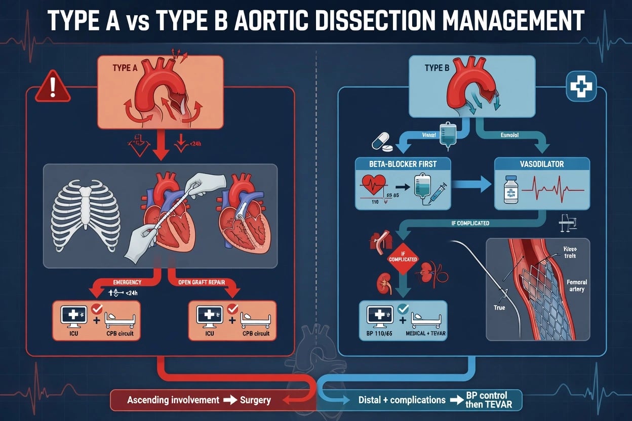 Acute aortic dissection management: Type A emergency surgery, Type B HR and BP control, TEVAR for complicated Type B, malperfusion pathways