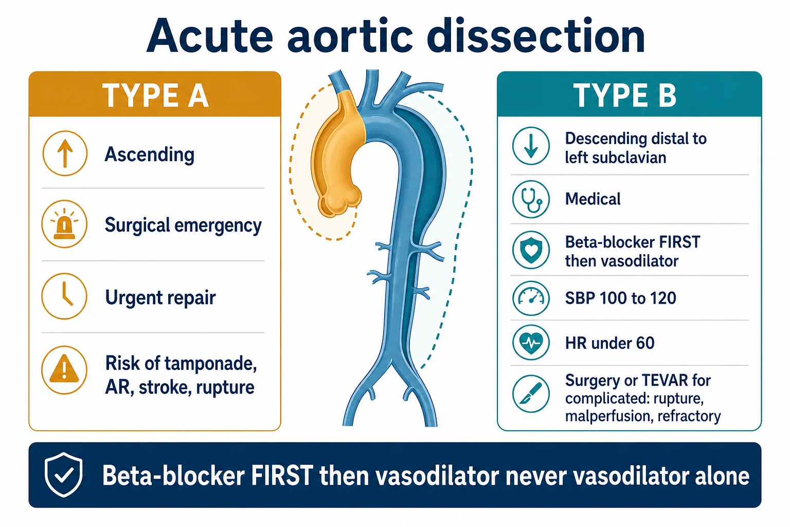 Two-column infographic on a white clinical-blue background: TYPE A (ascending; surgical emergency — urgent repair); TYPE B (descending; medical — beta-blocker FIRST then vasodilator; SBP 100-120, HR under 60; surgery or TEVAR for complicated); banner 'Beta-blocker FIRST, then vasodilator — never vasodilator alone'. Flat vector illustration, crisp typography.