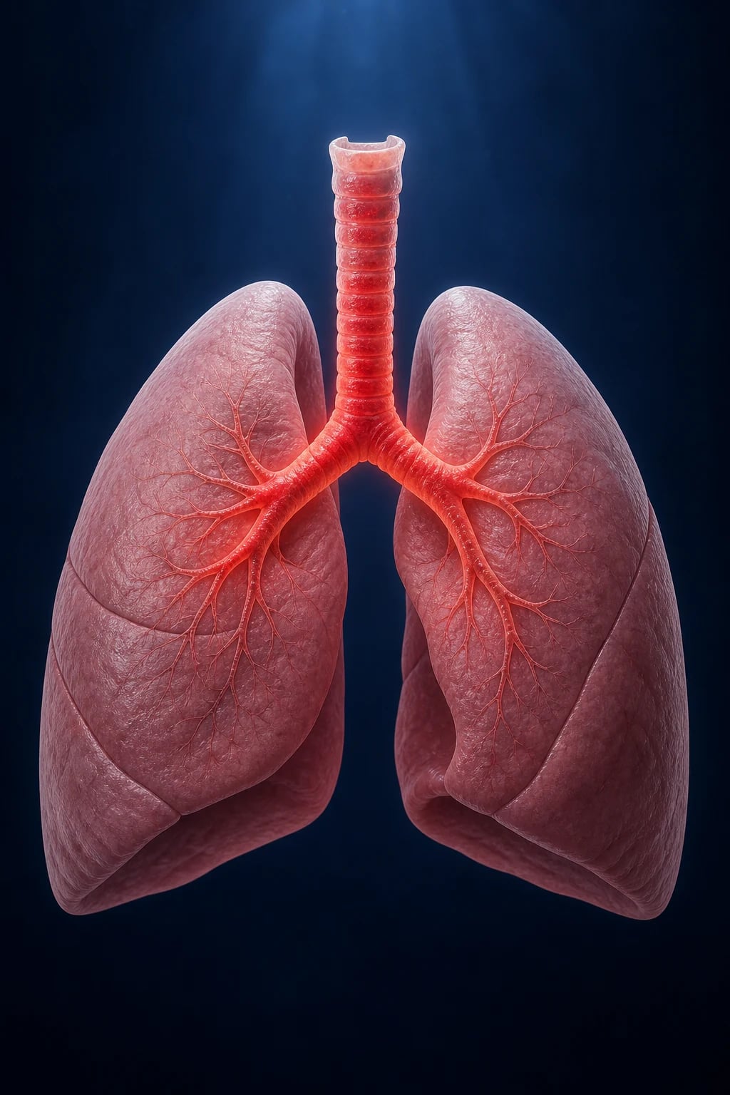 Cinematic 3D anatomical illustration of lungs with acutely inflamed, reddened trachea and large bronchi against a deep navy background
