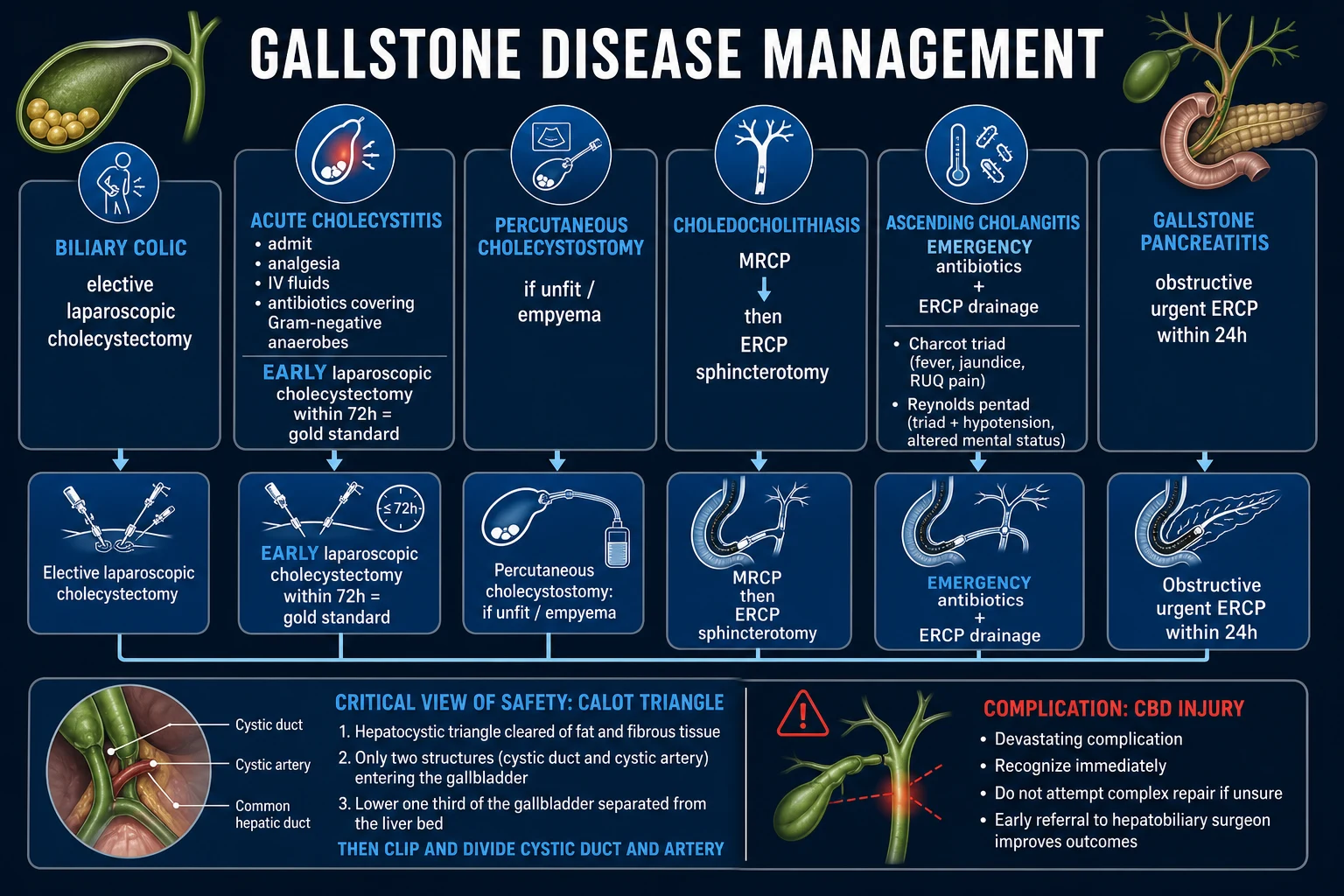 Tokyo Guidelines management pathway: resuscitate, blood cultures, broad antibiotics, severity grade I-III, urgent ERCP drainage for severe disease