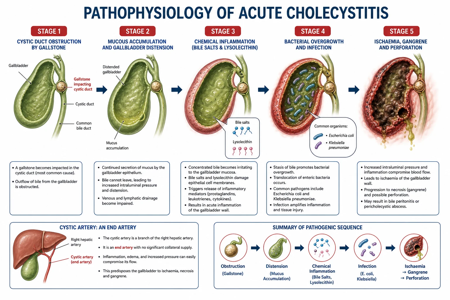 Educational schematic of acute cholangitis: biliary obstruction raises intraductal pressure, bacteria reflux into blood, SIRS and organ dysfunction follow