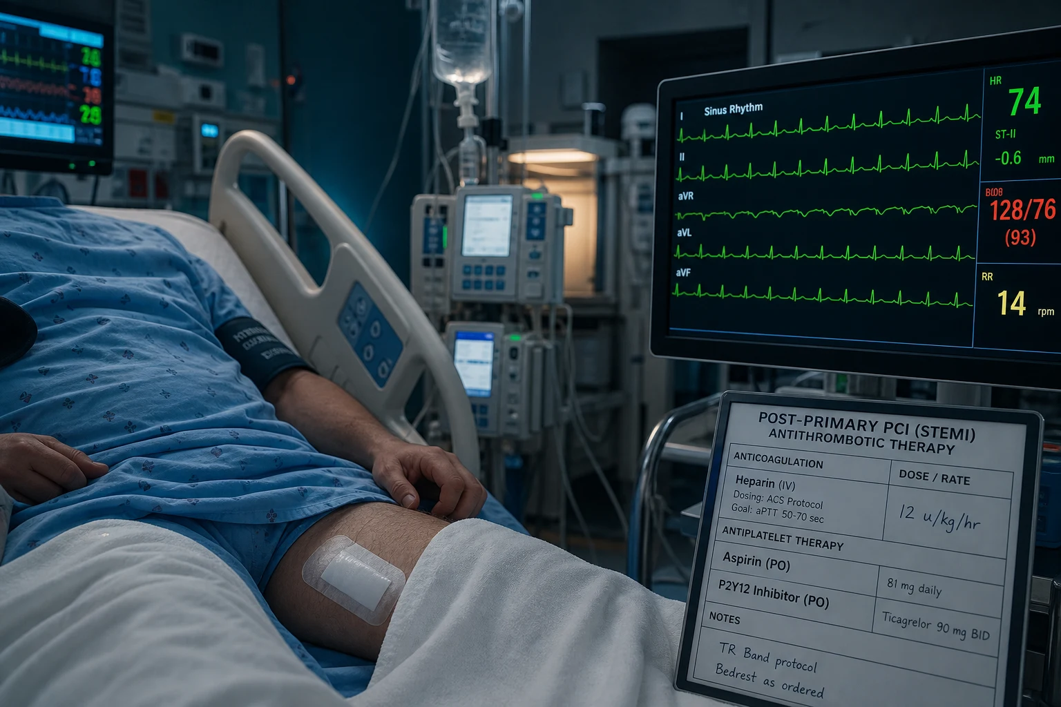 Cinematic ICU scene of a 12-lead ECG and a coronary angiogram freeze-frame on dual monitors, a high-sensitivity troponin trend on the screen, an antiplatelet and anticoagulant tray on the trolley, clinical-blue lighting, medical educational, no text, no people