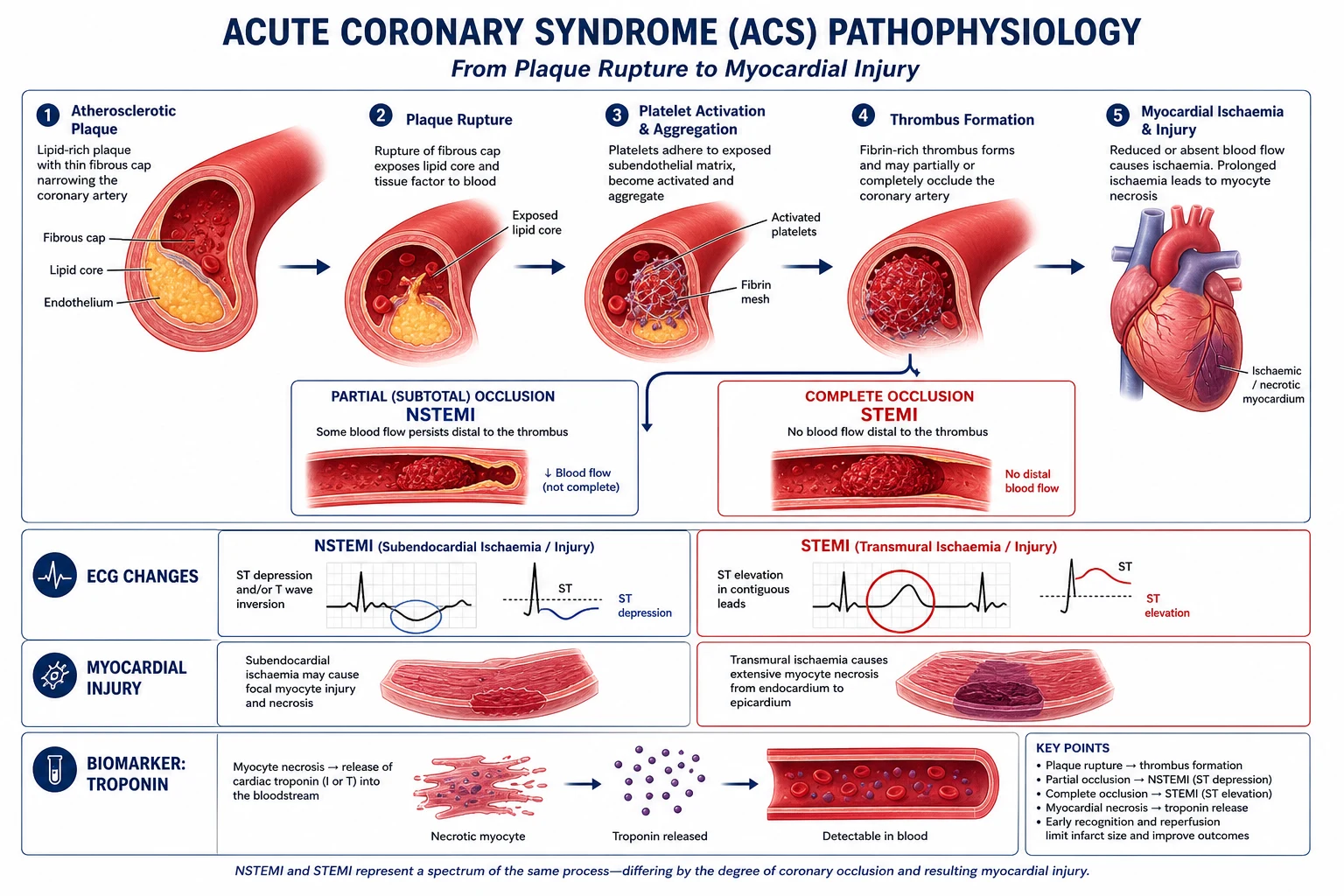 Educational schematic of ACS pathophysiology: atherosclerotic plaque rupture, platelet-rich thrombus, STEMI total occlusion versus NSTEMI subtotal occlusion, and evolving myocardial necrosis