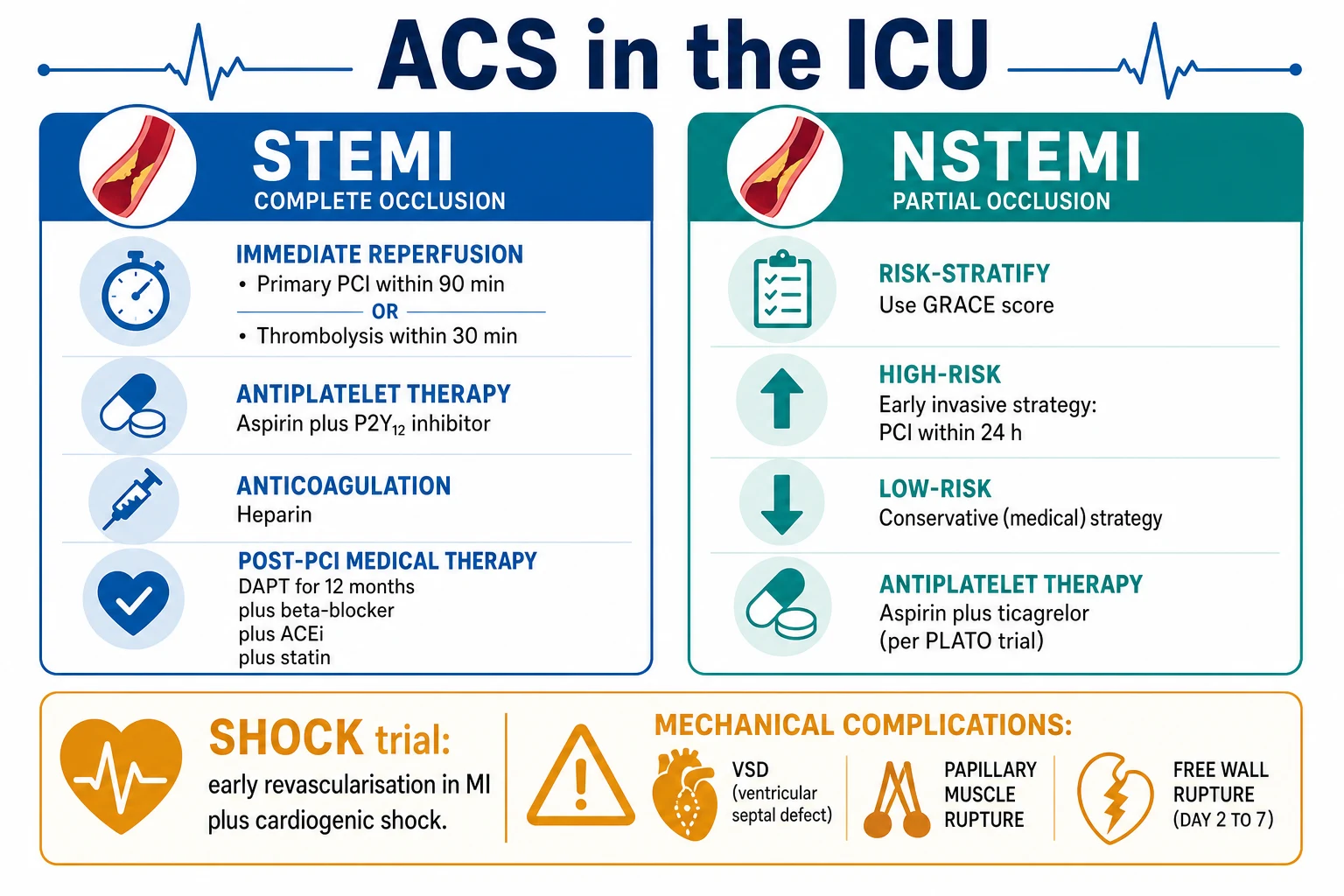 Two-column infographic on a white clinical-blue background: STEMI (complete occlusion; immediate reperfusion: primary PCI within 90 min or thrombolysis within 30 min; aspirin plus P2Y12; heparin; post-PCI DAPT 12 months plus beta-blocker plus ACEi plus statin); NSTEMI (partial occlusion; GRACE risk stratification; high-risk = early invasive PCI within 24 h; low-risk = conservative; aspirin plus ticagrelor per PLATO); banner 'SHOCK: early revascularisation in MI plus cardiogenic shock. Mechanical complications: VSD, papillary muscle rupture, free wall rupture (day 2 to 7)'. Flat vector illustration, crisp typography.