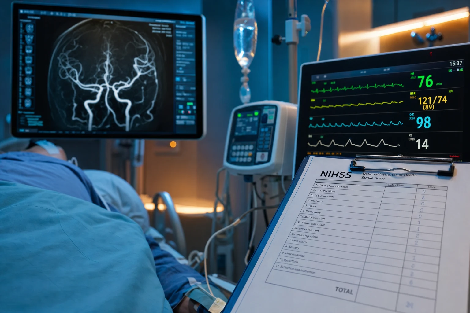 Cinematic ICU scene of a patient after a mechanical thrombectomy, a CT angiogram on screen showing a recanalised MCA, a cardiac monitor showing controlled BP, a NIHSS chart, clinical-blue lighting