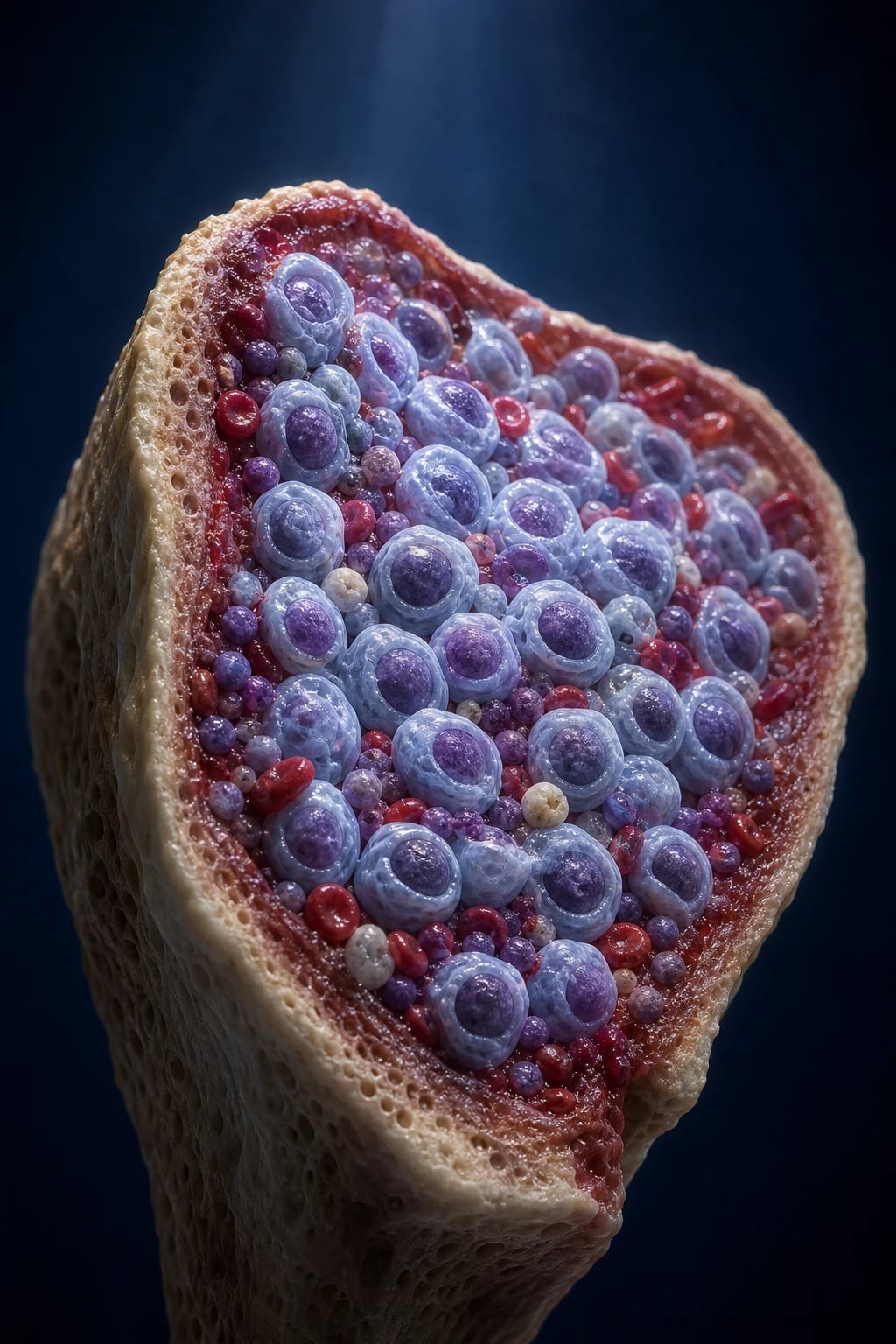Cinematic 3D anatomical illustration of the bone marrow crowded by sheets of undifferentiated leukaemic blasts displacing normal erythroid, myeloid and megakaryocytic precursors, deep navy background