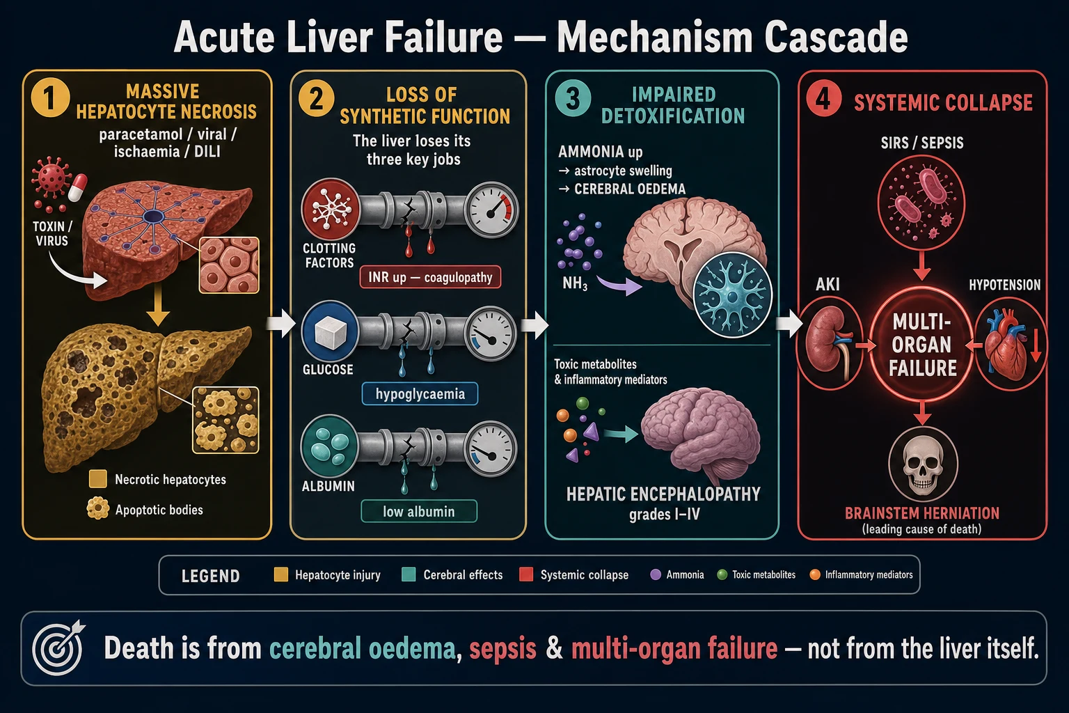 Educational schematic of ammonia-glutamine cascade in acute liver failure: failed hepatic clearance, ammonia crosses BBB, astrocytic glutamine synthetase, cytotoxic oedema, raised ICP and herniation