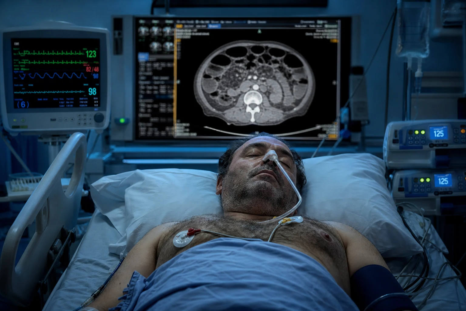 Cinematic clinical photograph of a CT angiography display showing superior mesenteric artery occlusion beside a patient writhing in pain out of proportion to examination, ICU setting, clinical-blue lighting, no text, no people
