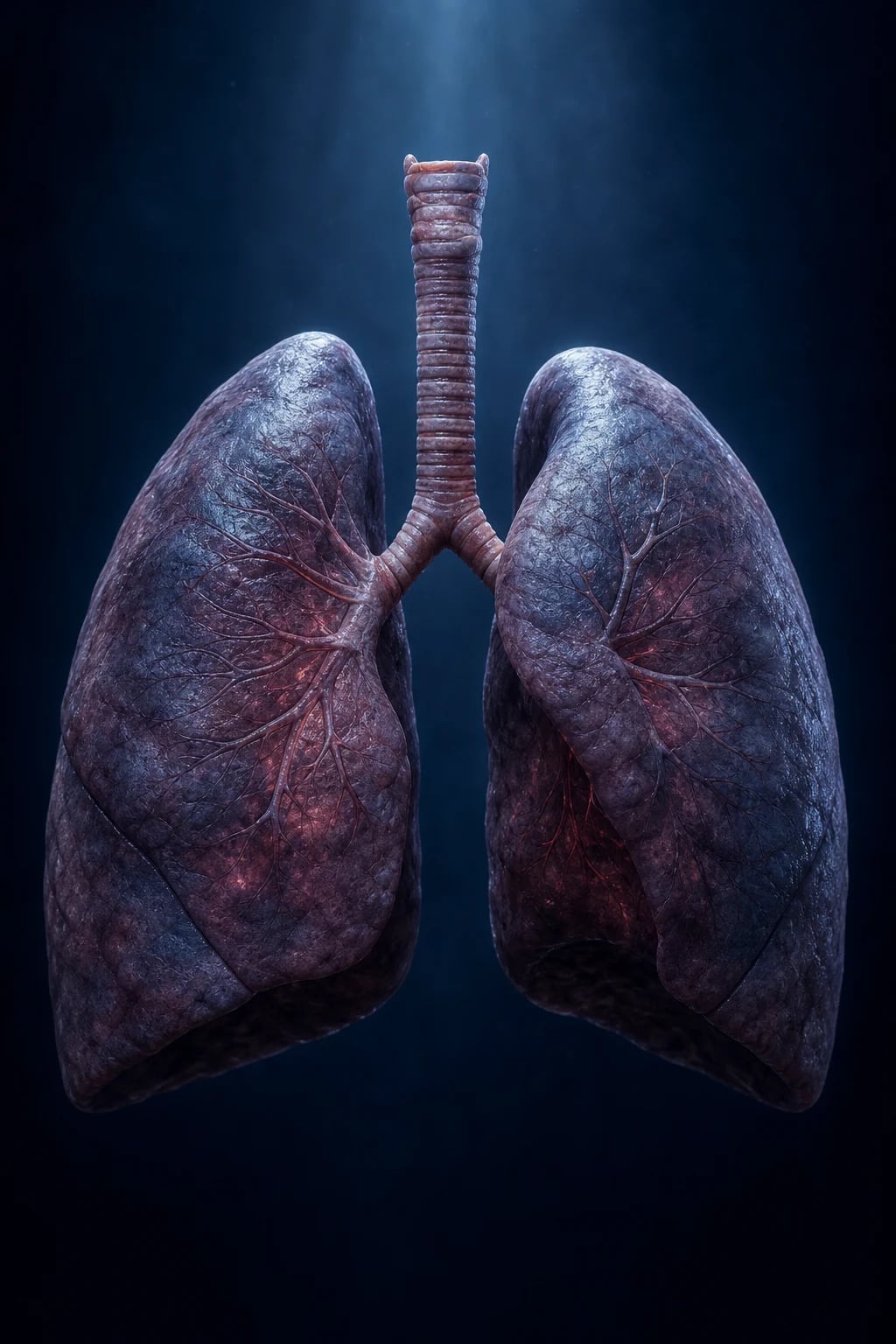 Cinematic ICU scene of a breathless patient on high-flow nasal cannula with a pulse oximeter reading low, an arterial blood gas syringe and a chest X-ray on screen, a ventilator standing by, clinical-blue lighting, medical educational, no faces, no text