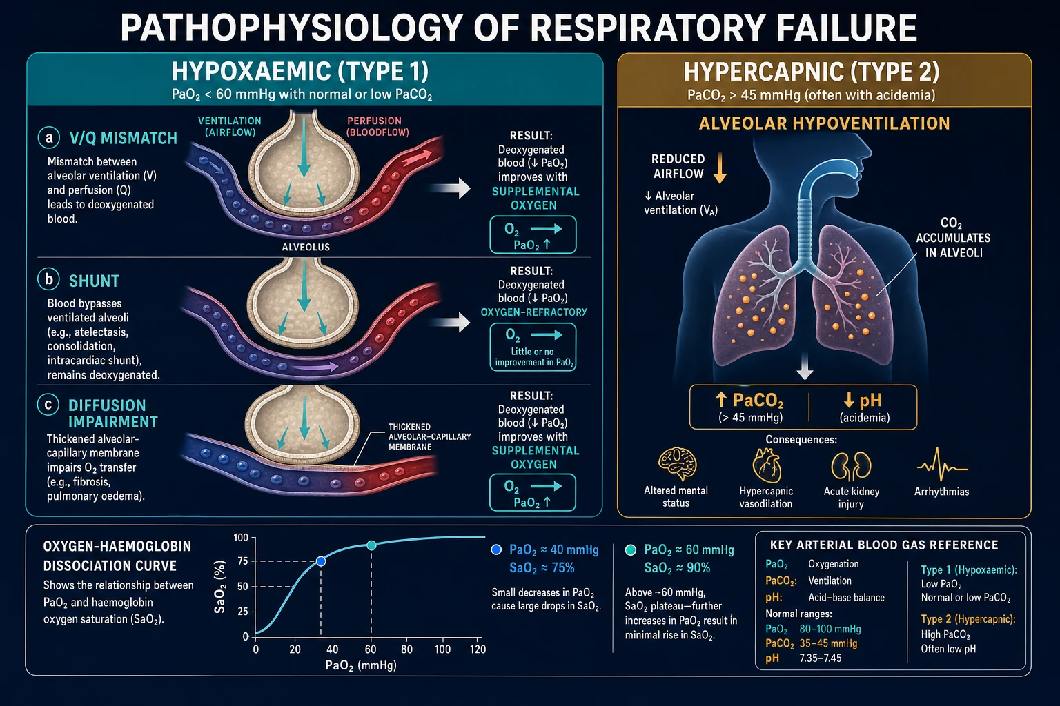 Mechanisms of acute respiratory failure: Type 1 hypoxaemic versus Type 2 hypercapnic failure, A-a gradient and five causes of hypoxaemia