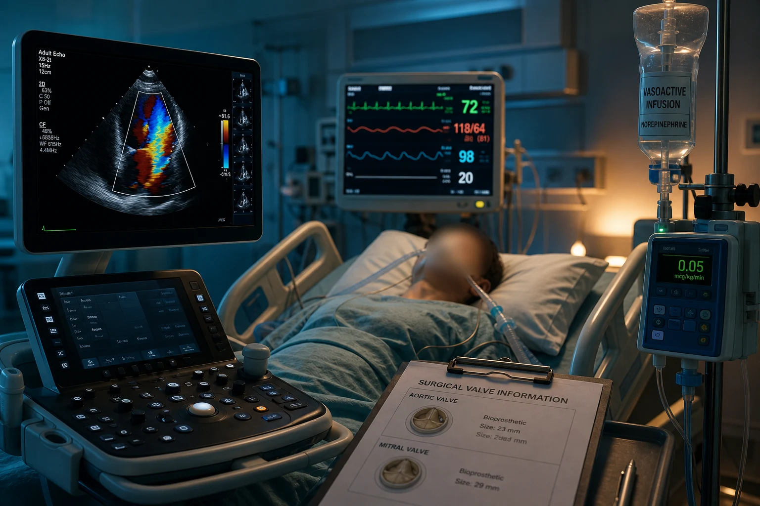 Cinematic ICU scene of a bedside echocardiogram on the screen showing a critical calcified aortic valve with a dilated left ventricle, an afterload-reduction infusion and an intra-aortic balloon pump console at the bedside, clinical-blue lighting, medical educational, no text, no people