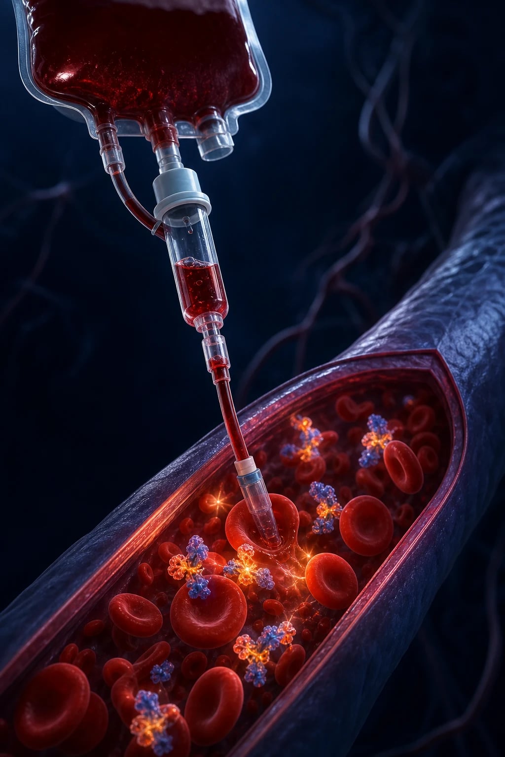 Cinematic clinical photograph of a stopped blood-transfusion unit beside a saline flush and a patient on supplemental oxygen, ICU setting, clinical-blue lighting, no text, no people