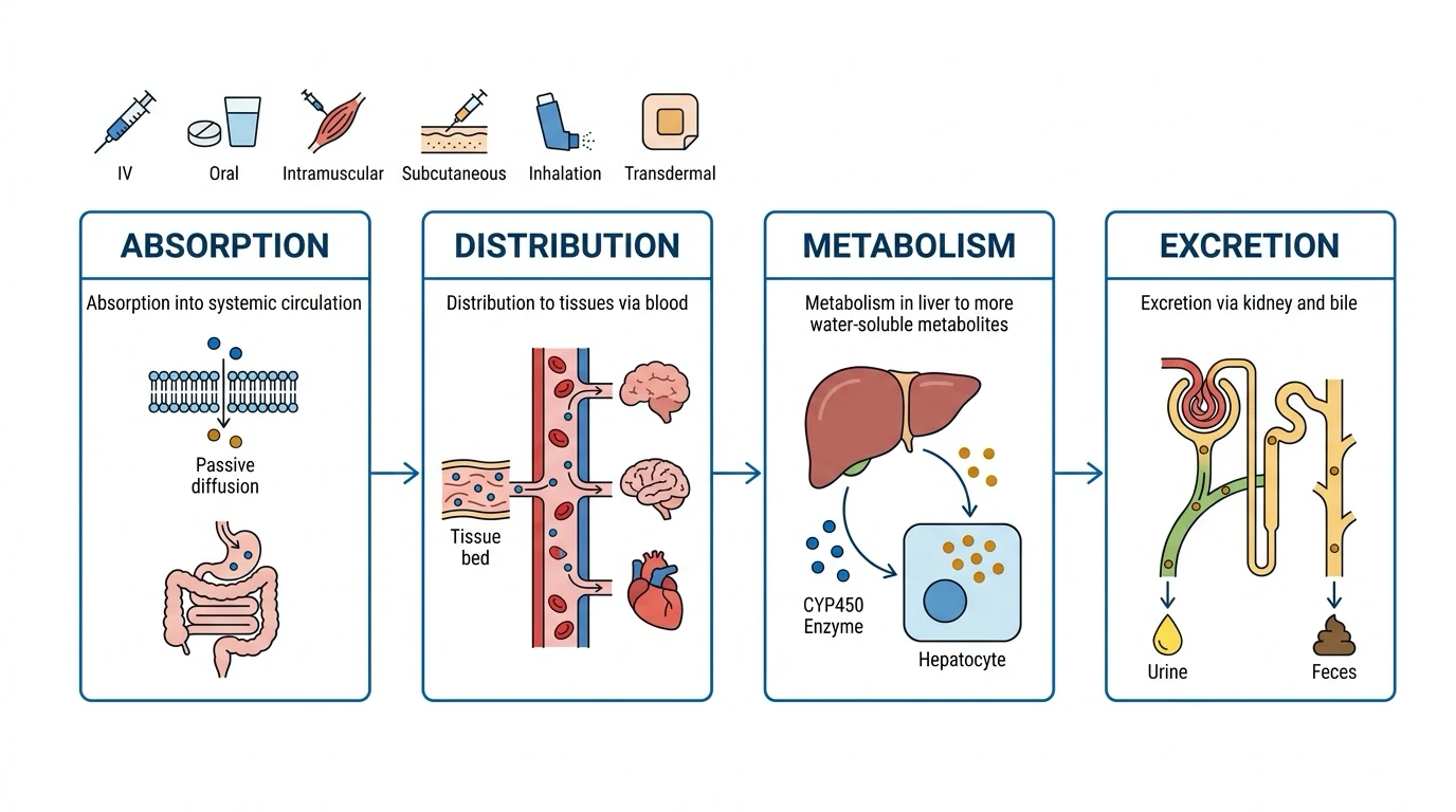 White-background infographic of the four ADME boxes Absorption, Distribution, Metabolism, Excretion connected left to right by arrows, with route-of-administration icons above Absorption