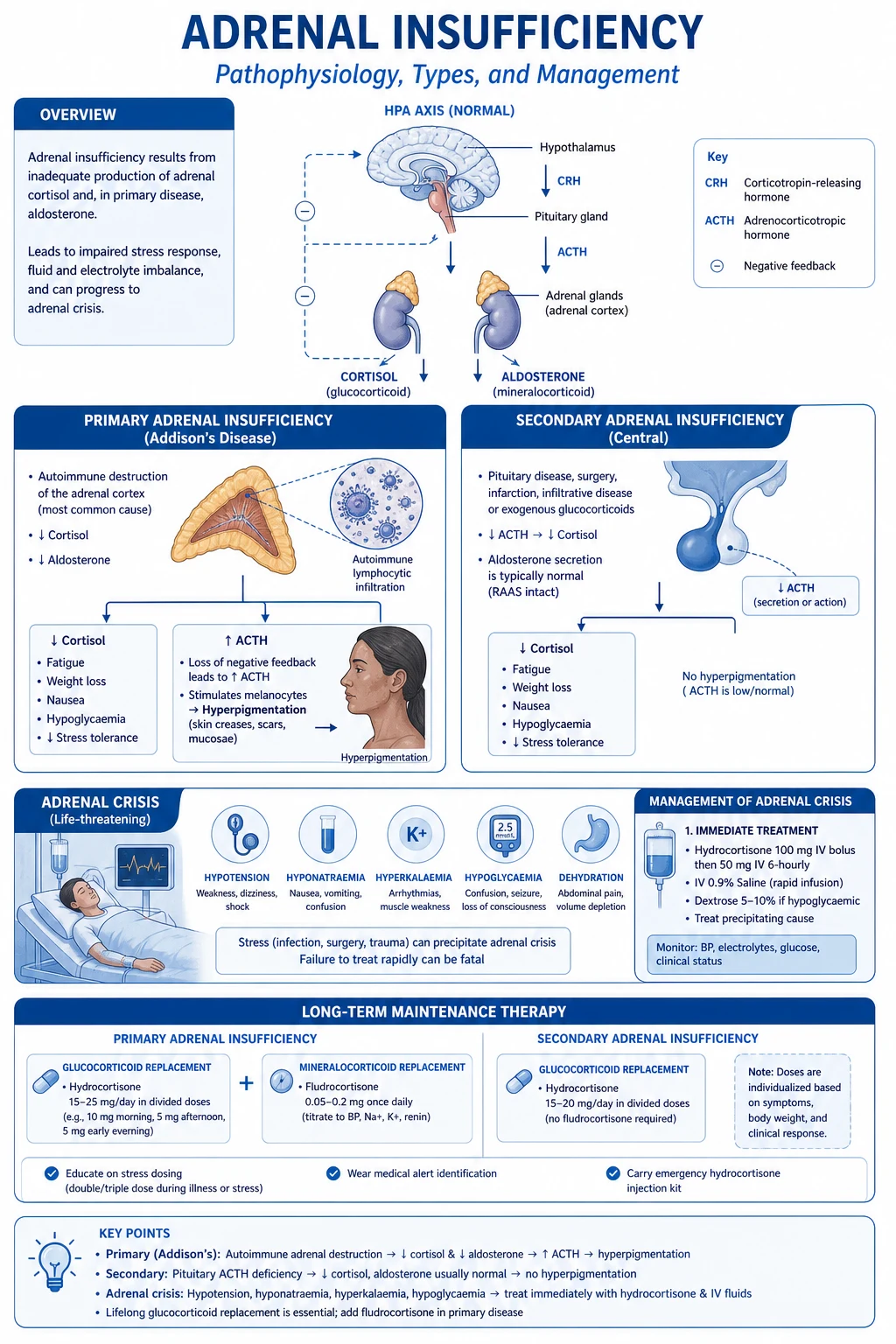 Educational HPA-axis schematic comparing primary adrenal failure high ACTH hyperpigmentation hyperkalaemia versus secondary tertiary low ACTH normal potassium from steroid withdrawal