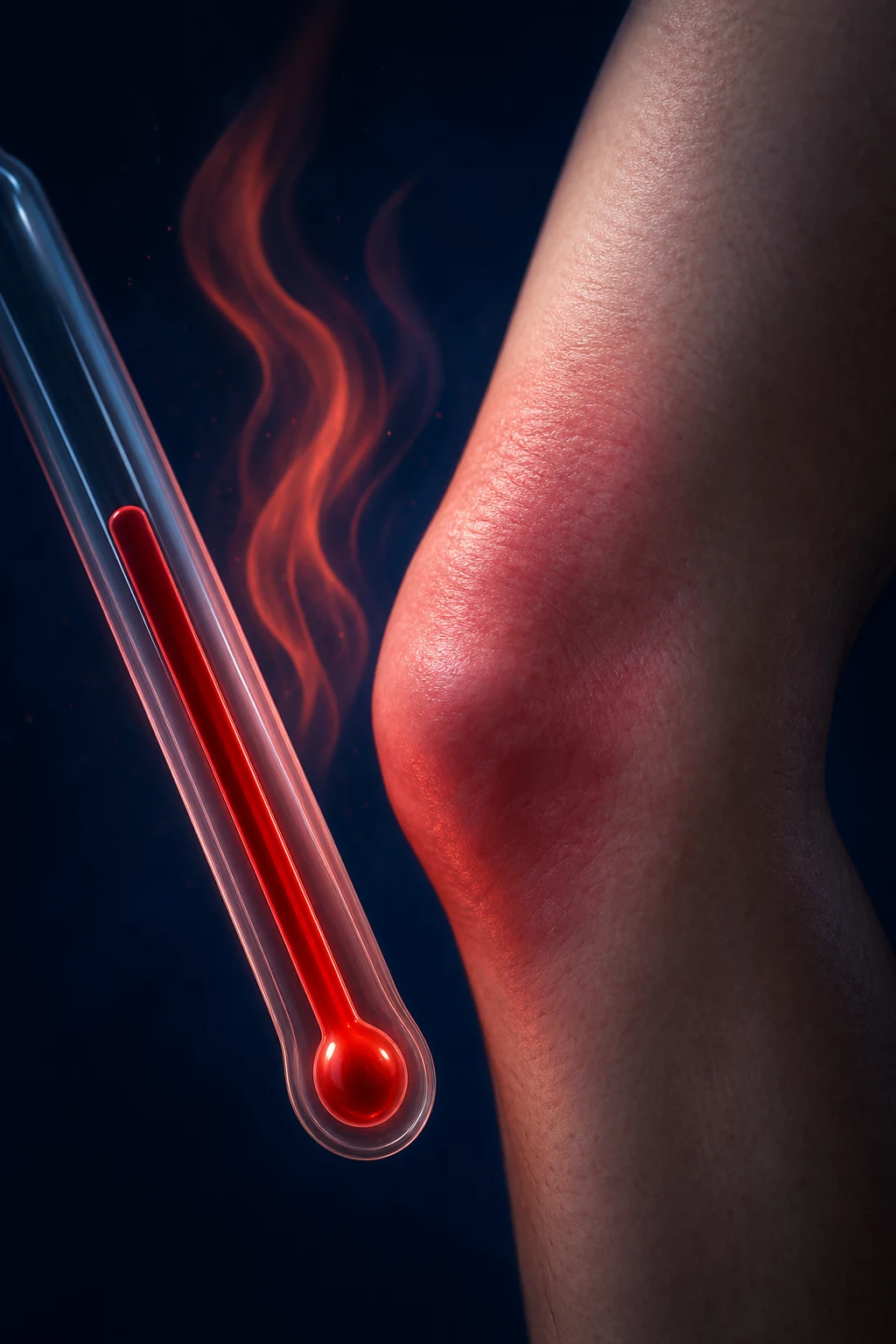 Cinematic 3D artistic close-up of a thermometer glowing red, a faint salmon-pink flushed patch of skin, and a swollen joint, against a deep navy background