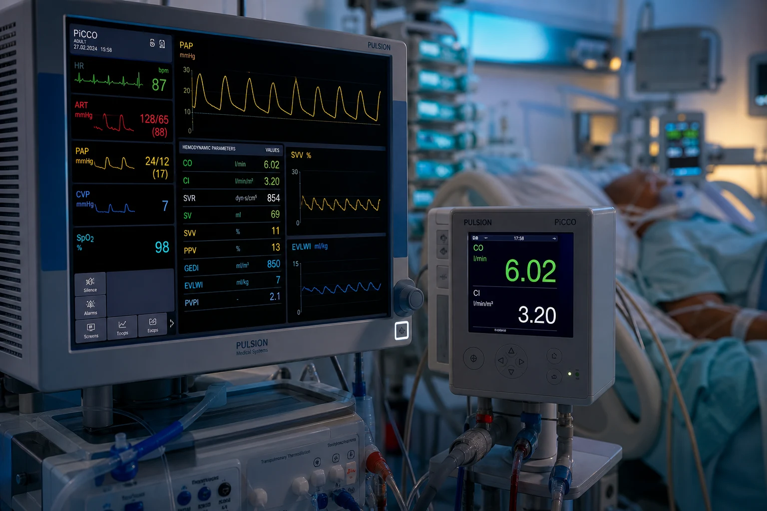 Cinematic ICU scene of a bedside monitor displaying advanced haemodynamic parameters (CO, SVV, EVLW), a PA catheter waveform, a PiCCO monitor with continuous CO, central venous and femoral arterial lines, clinical-blue lighting