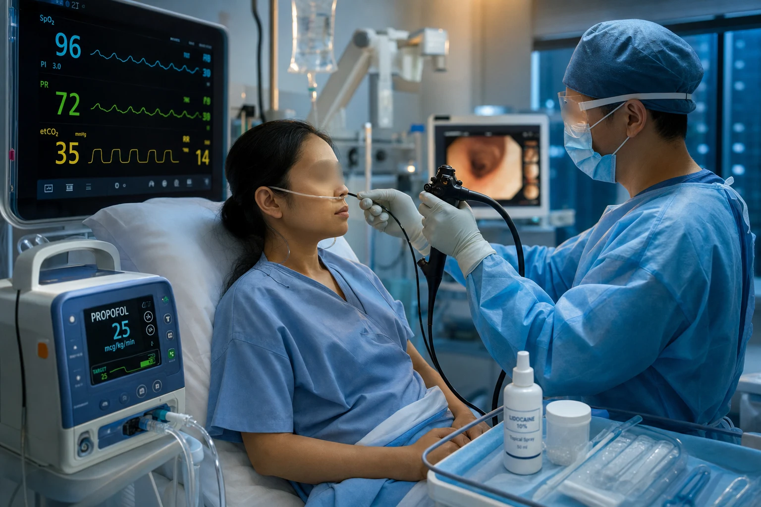 Cinematic ICU scene of a flexible fibre-optic bronchoscope being guided through a nasal airway at the head of the bed, a cooperative semi-upright patient with a nasal oxygen cannula, a sedation infusion on a pump, a monitor showing oxygen saturation and capnography, a topical-anaesthetic tray beside, clinical-blue lighting