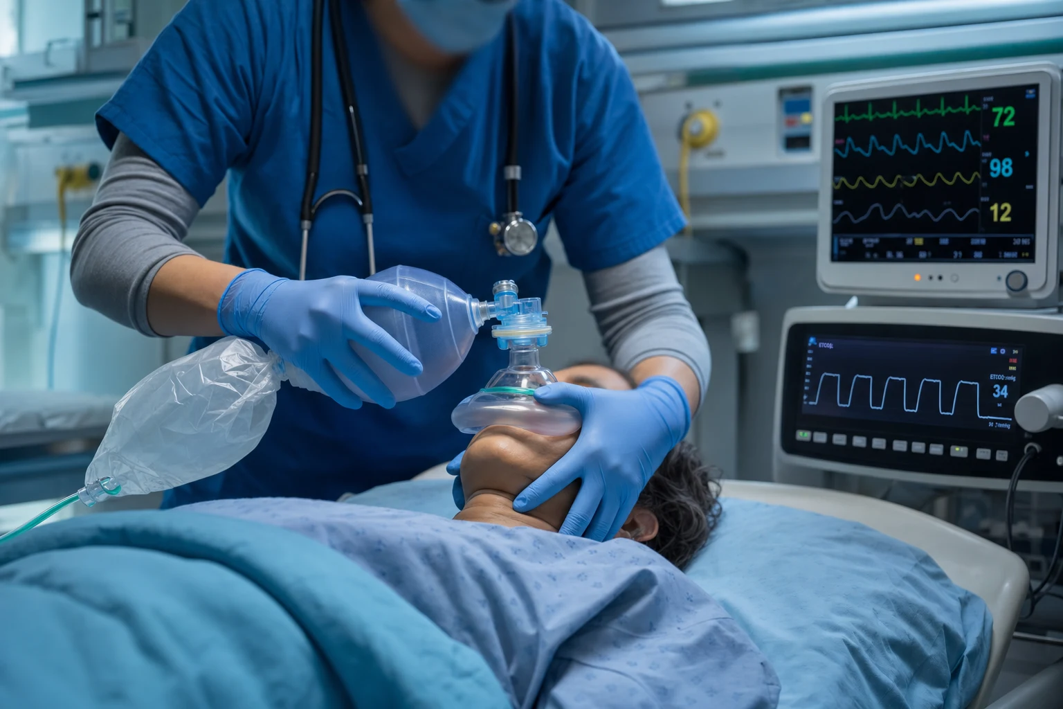 Cinematic ICU scene of a clinician at the head of the bed performing a jaw thrust and applying a bag-valve-mask with a two-handed C-E grip, reservoir on high-flow oxygen, capnograph waveform on the monitor, clinical-blue lighting