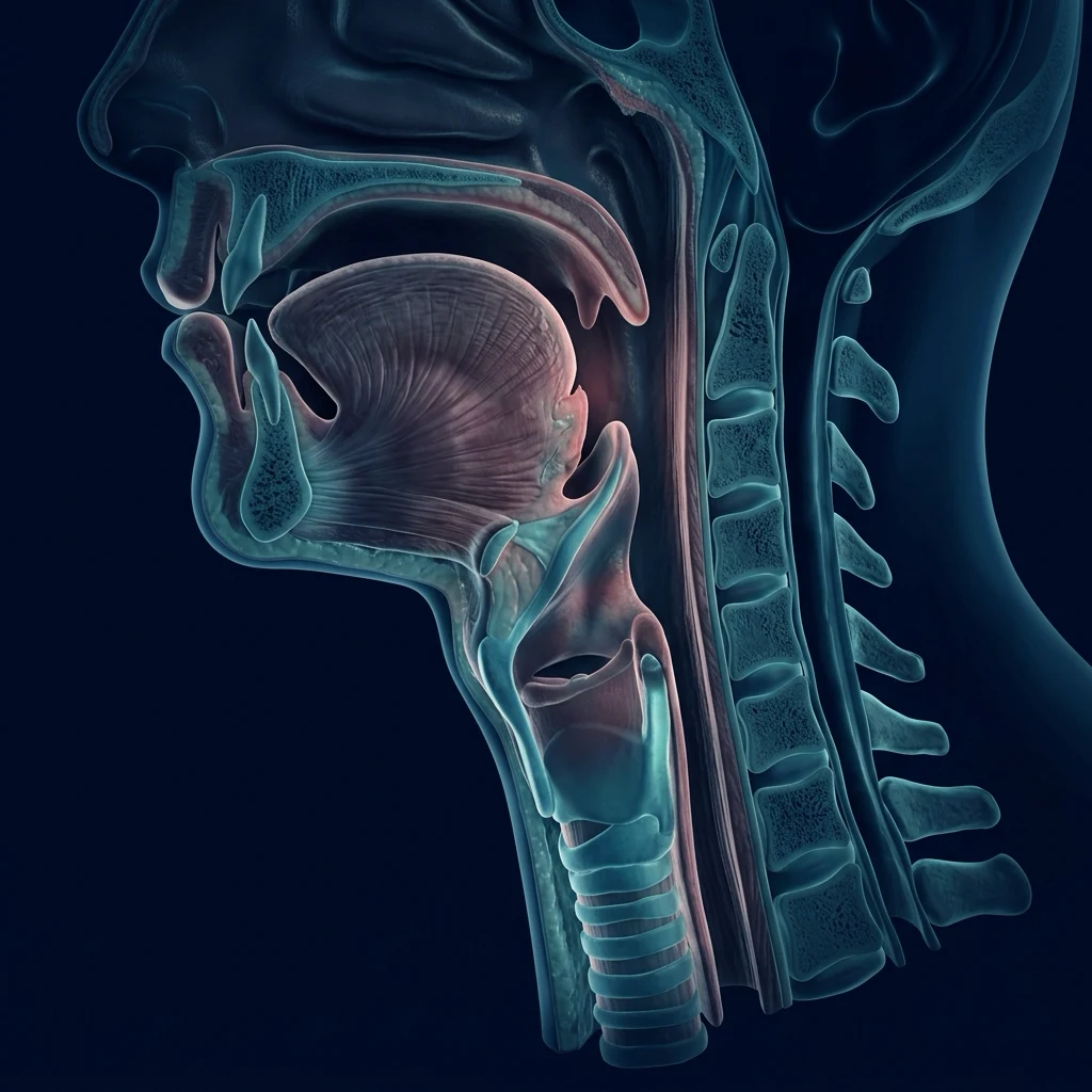 Diagram of unconscious airway obstruction with tongue and soft palate falling against the posterior pharynx and relief by jaw thrust