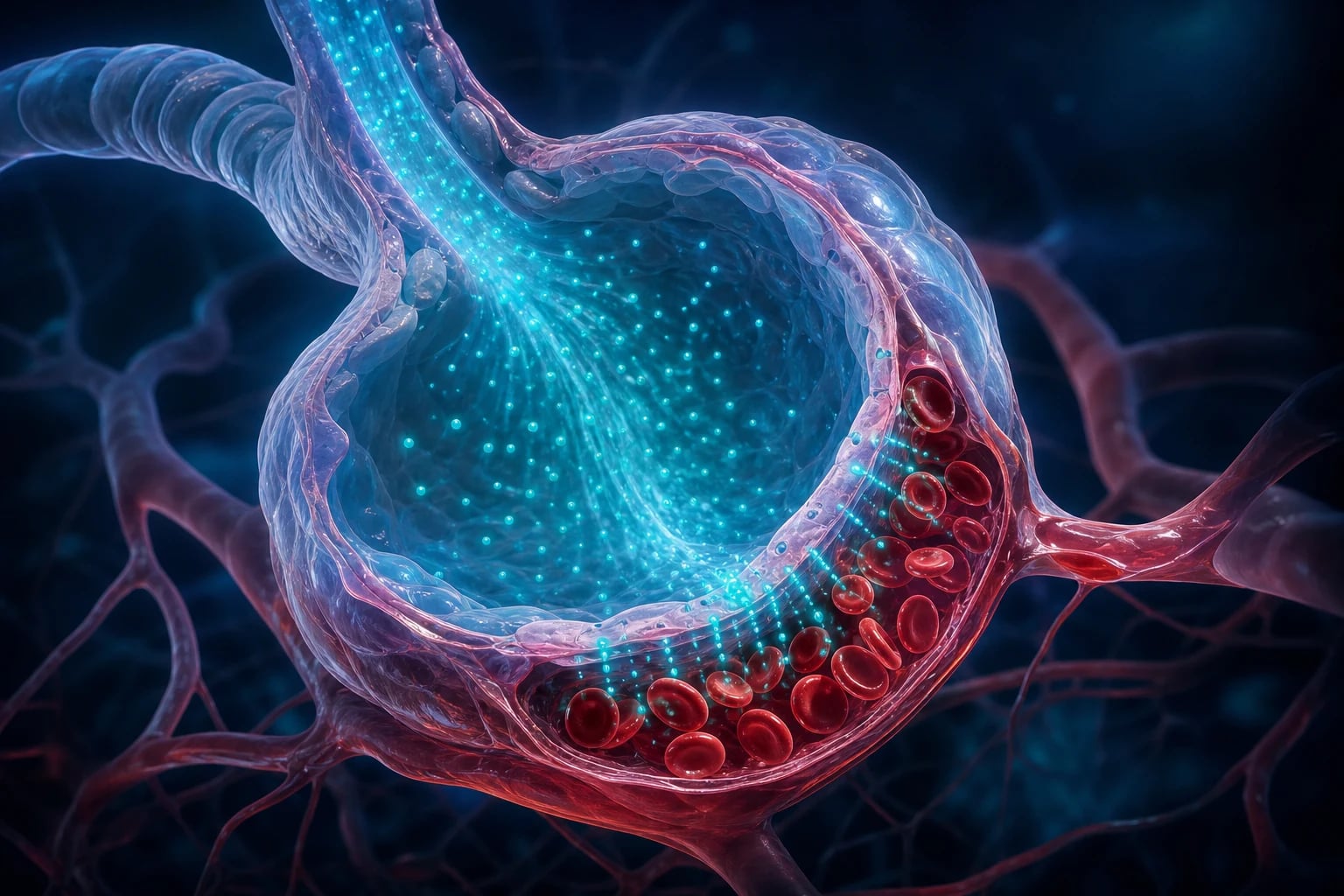 A cinematic anatomical illustration of preoxygenation and apnoeic oxygenation: the conducting airways and an alveolus filled with a glowing reservoir of oxygen, diffusing down a pressure gradient into pulmonary capillary blood, on a deep navy background with volumetric teal light.