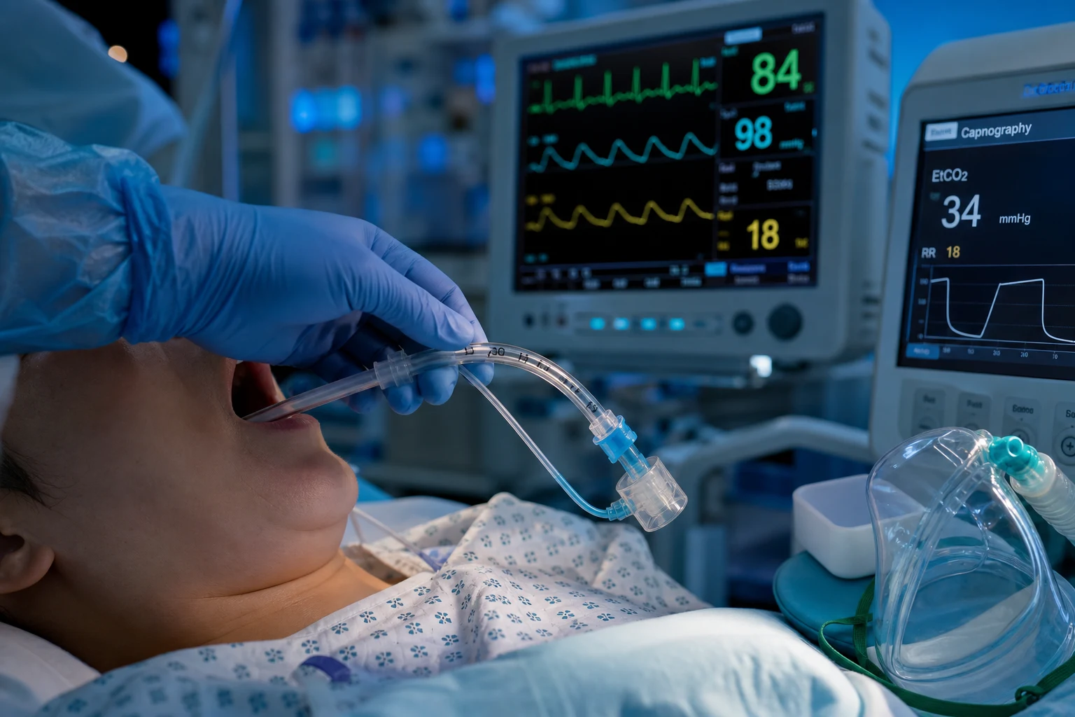 Cinematic ICU scene of an endotracheal tube being gently withdrawn from a patient's mouth with a gloved hand, a suction catheter in place, a high-flow oxygen mask ready, a cardiac monitor and capnograph showing, an awake patient, clinical-blue lighting
