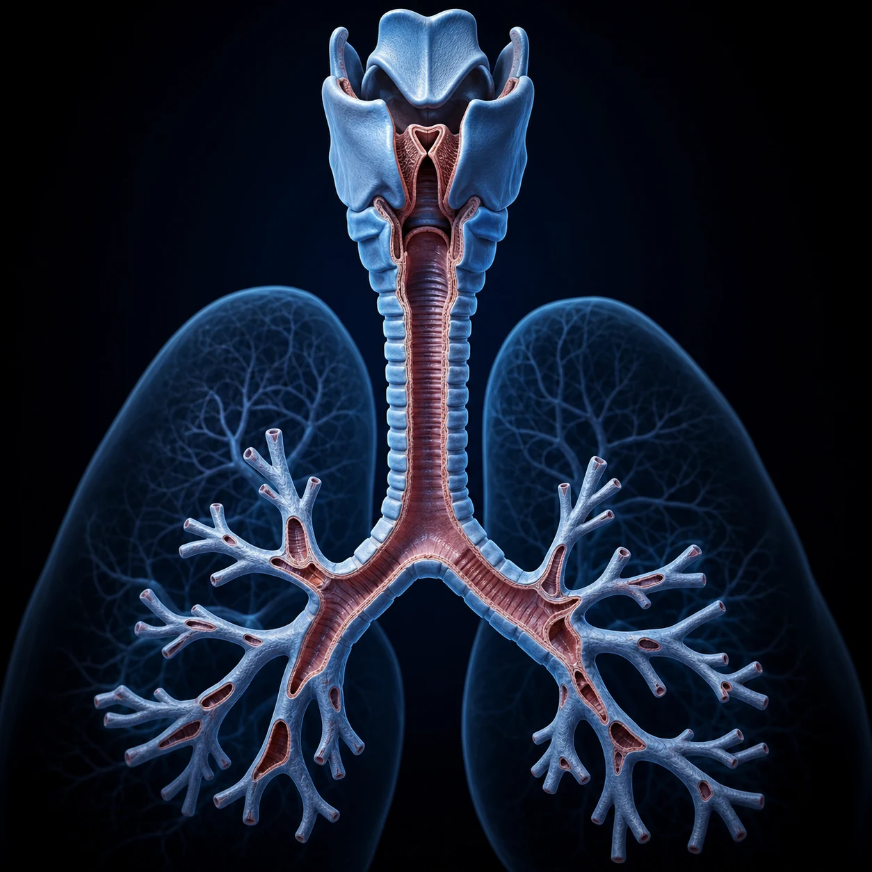 Cinematic anatomical illustration of the human airway from larynx to bronchial tree, laryngeal cartilages and branching bronchi, cross-section, clinical-blue lighting on dark background, medical educational, no text, no people