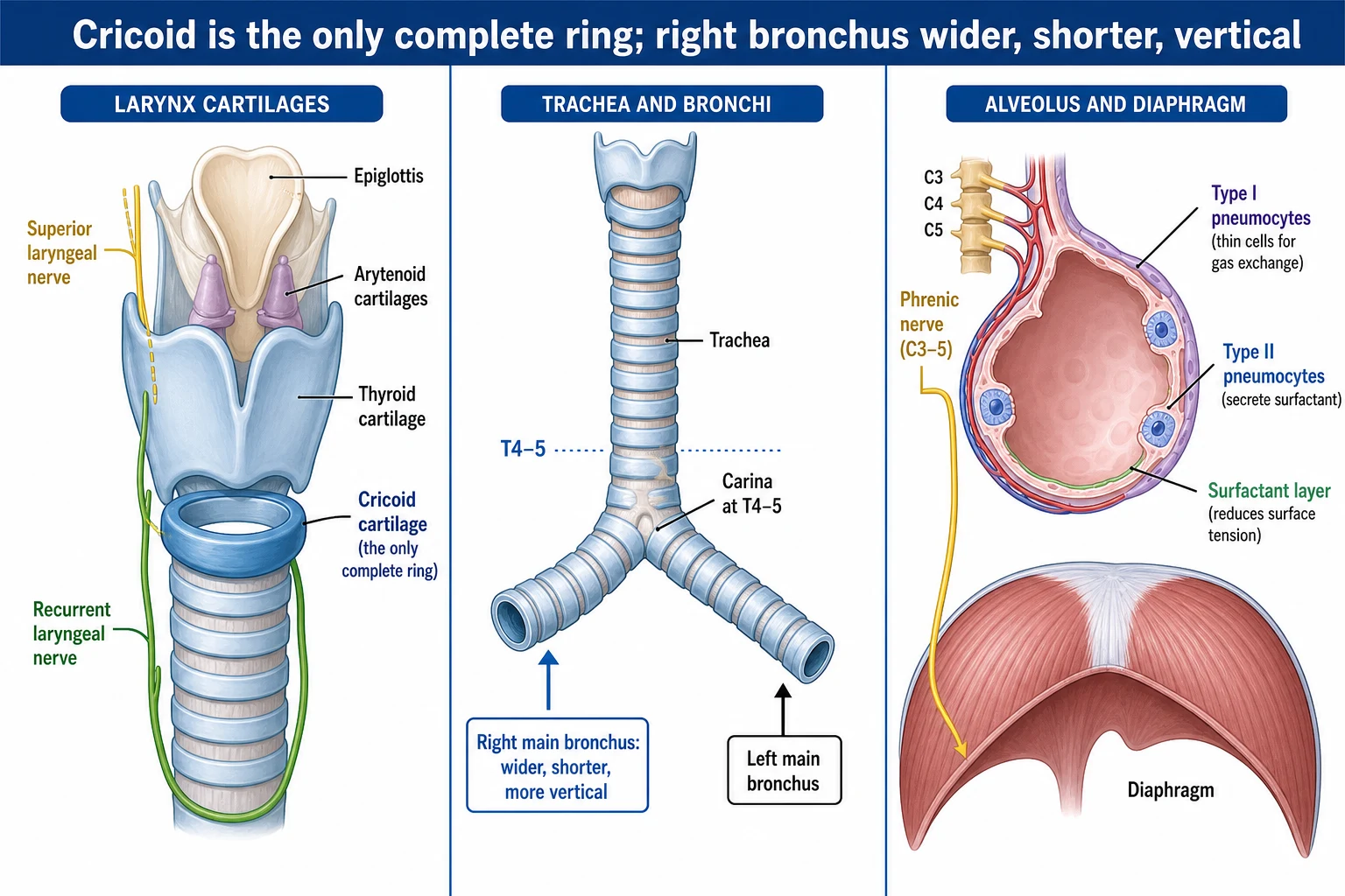 Three-panel medical infographic on white clinical-blue, flat vector, crisp typography. LEFT larynx cartilages (thyroid, cricoid as only complete ring, arytenoid, epiglottis) plus superior and recurrent laryngeal nerves. CENTRE trachea and carina at T4-5, right main bronchus wider-shorter-more vertical. RIGHT alveolus with type I and II pneumocytes and surfactant, diaphragm and phrenic nerve C3-5. Banner reads 'Cricoid is the only complete ring; right bronchus wider, shorter, vertical'.