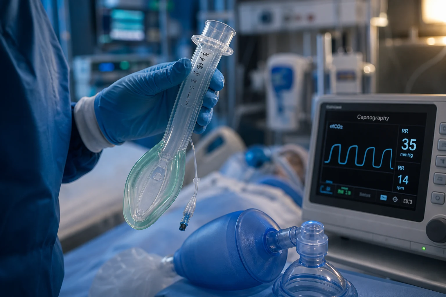 Cinematic ICU scene of a gloved hand holding a second-generation supraglottic airway (i-gel style, non-inflatable, with a bite block and gastric drainage channel) ready to insert at the head of the bed, a bag-valve-mask and capnography monitor nearby, clinical-blue lighting