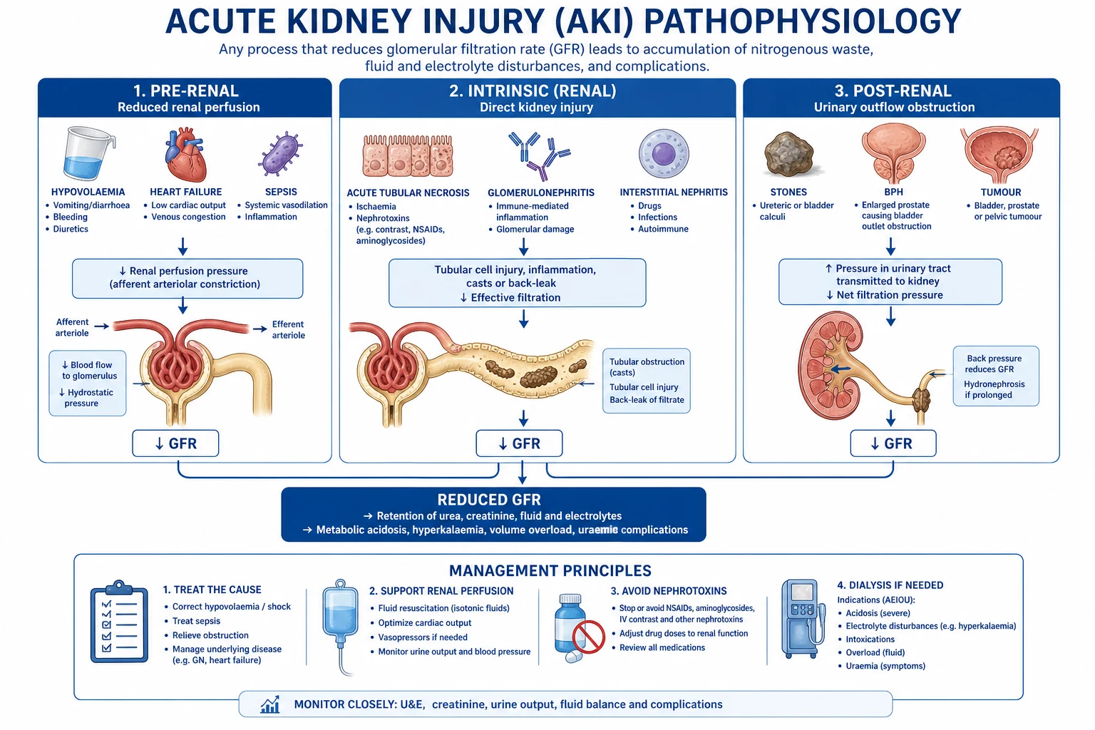 Pathophysiology of preventable AKI including hypoperfusion, venous congestion and nephrotoxins