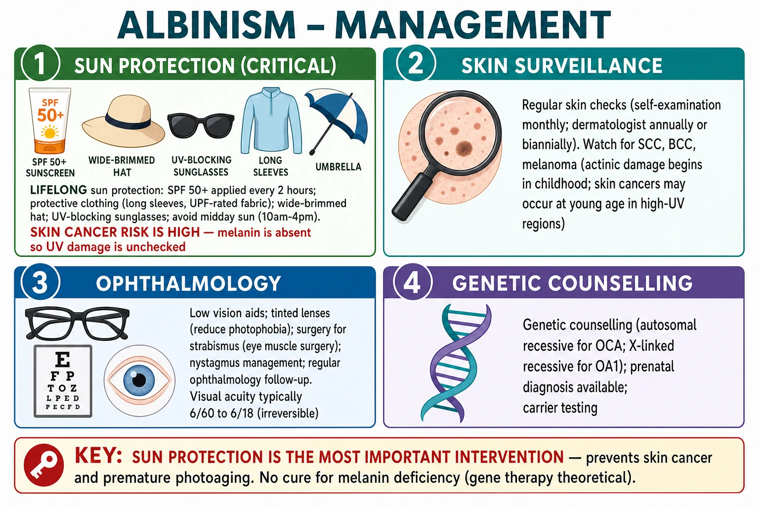 Management pillars of albinism: sun protection with SPF 50+ sunscreen, UPF clothing, hat and sunglasses; skin surveillance for cancer; ophthalmology with low-vision aids and surgery; genetic counselling