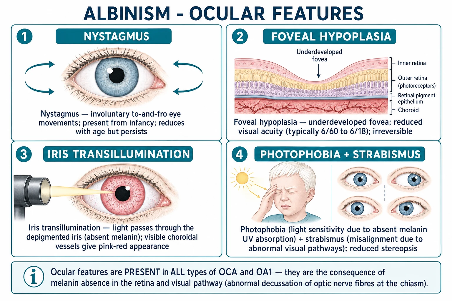 Ocular features of albinism: nystagmus, foveal hypoplasia, iris transillumination, photophobia, strabismus, reduced visual acuity